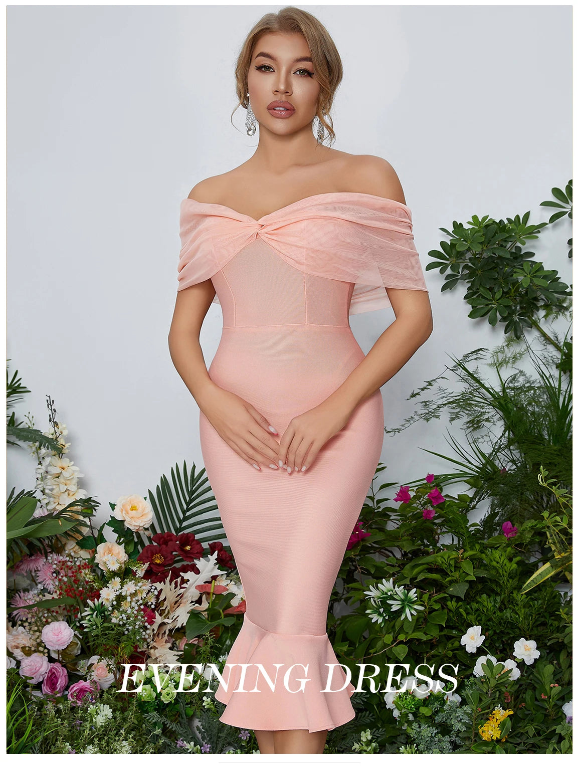 Women's Summer Mesh Midi Mermaid Bandage Off Shoulder Evening Dress