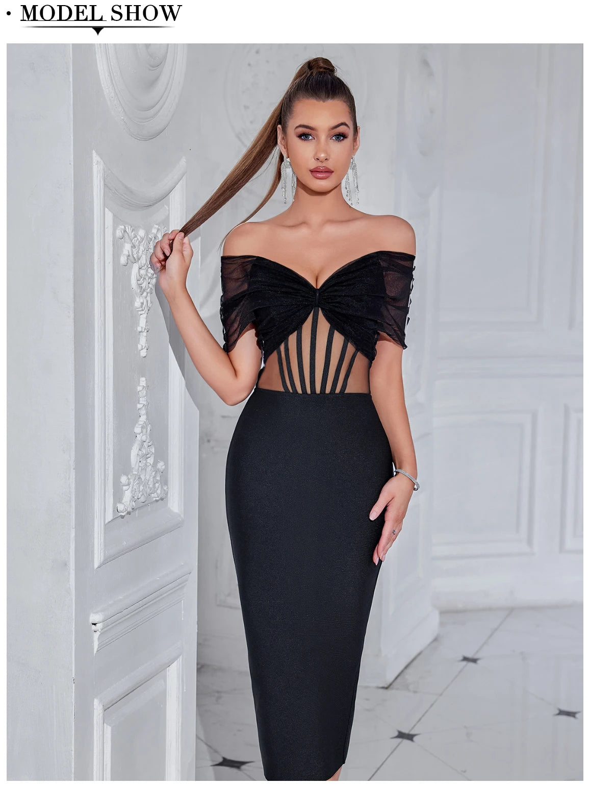 Women's Summer Mesh Hollow Out Bandage Off Shoulder Evening Elegant Dress