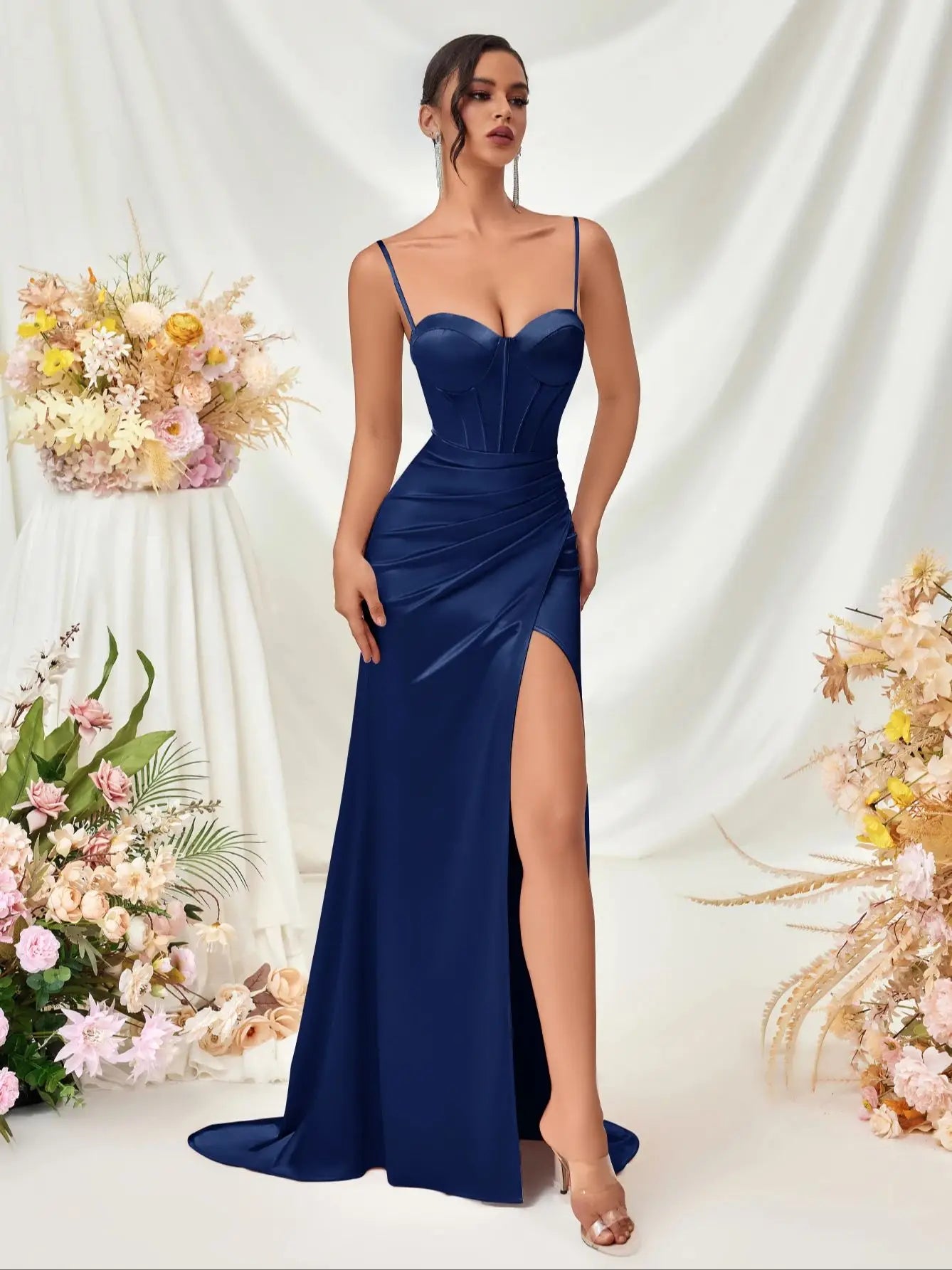 Women's Summer Fish Bone Trimmed Front Spaghetti Straps Evening Party Dress