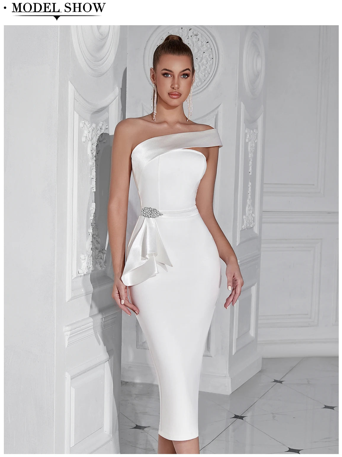 Women's Summer Elegant Outerwear One Shoulder Diamond Bodycon Evening Party Dress