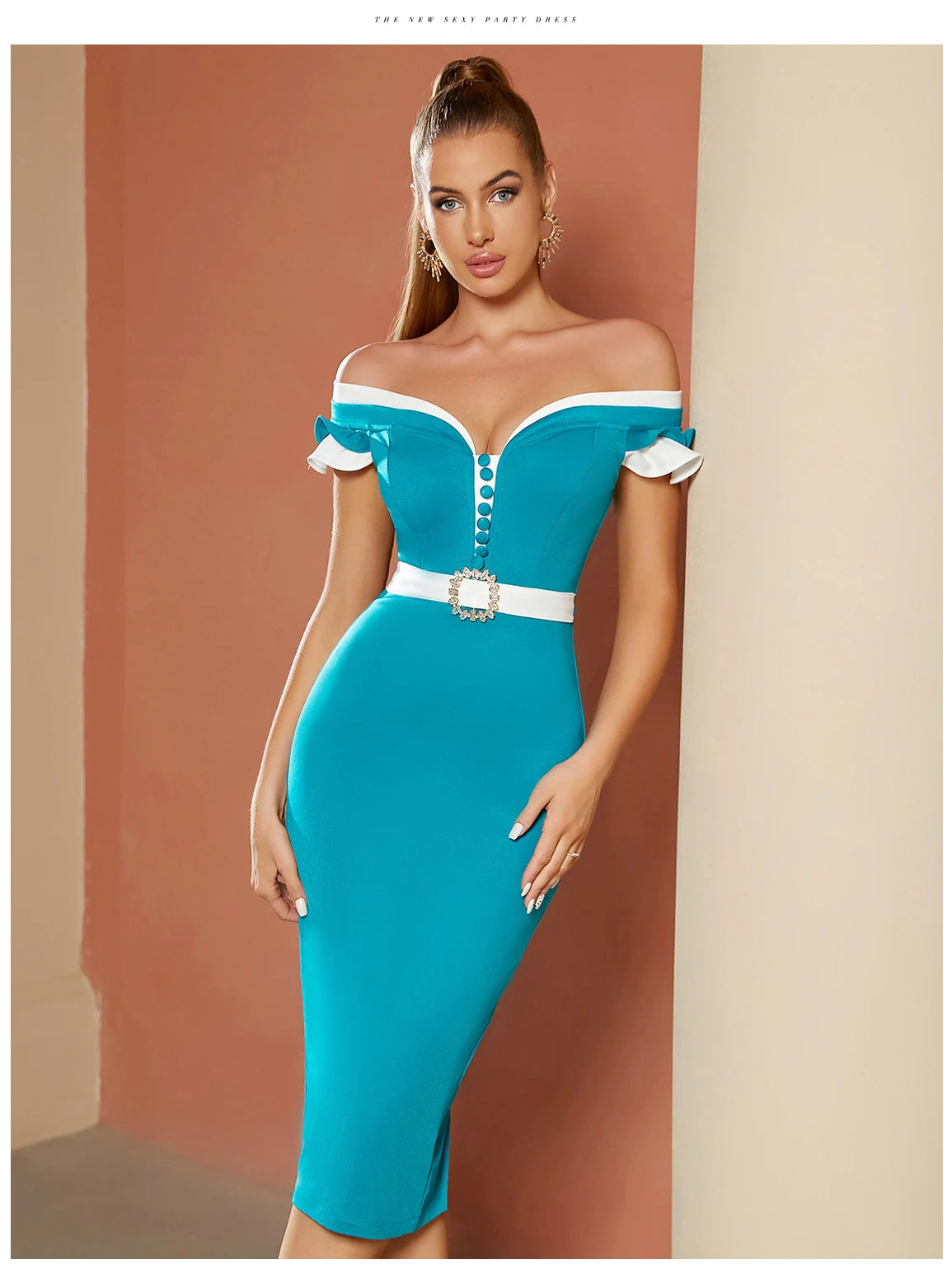 Women's Summer Off Shoulder Short Sleeve Ruffles V Neck Button Ruffles Patchwork Dress