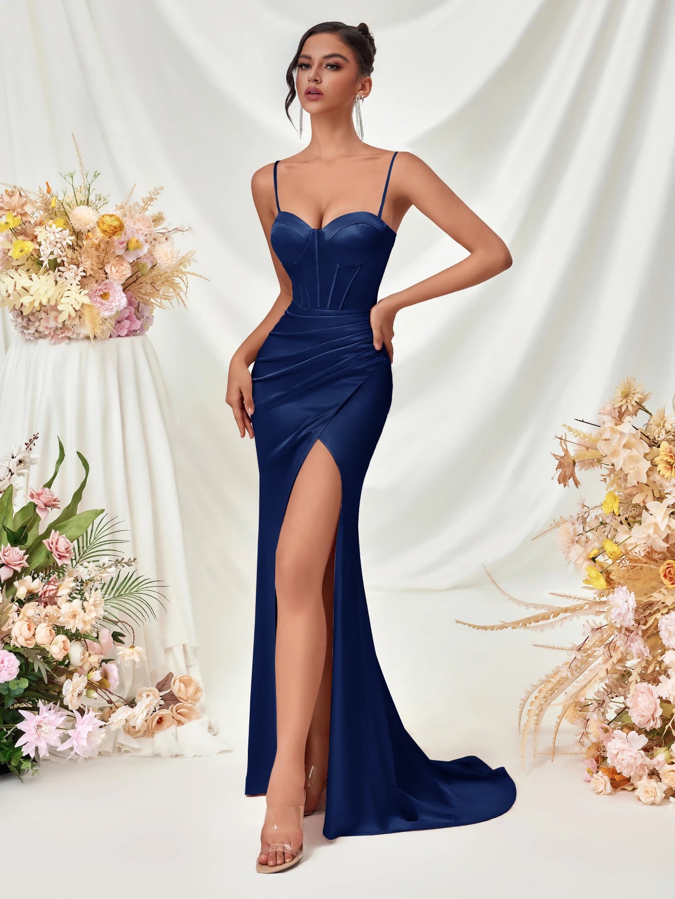 Women's Summer Fish Bone Trimmed Front Spaghetti Straps Evening Party Dress