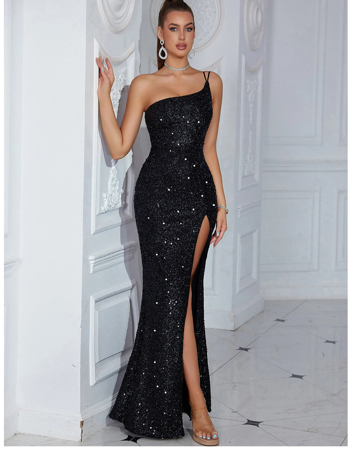 Women's Summer One Shoulder Elegant Sequins Evening Party Maxi Bodycon Dress