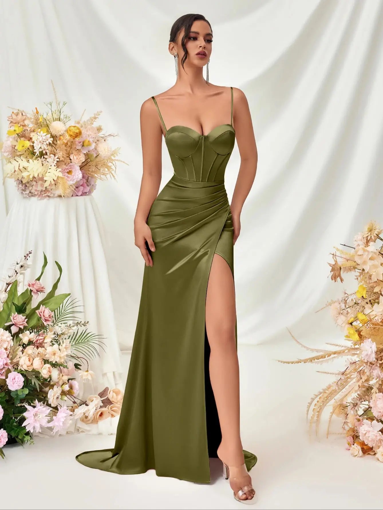 Women's Summer Fish Bone Trimmed Front Spaghetti Straps Evening Party Dress