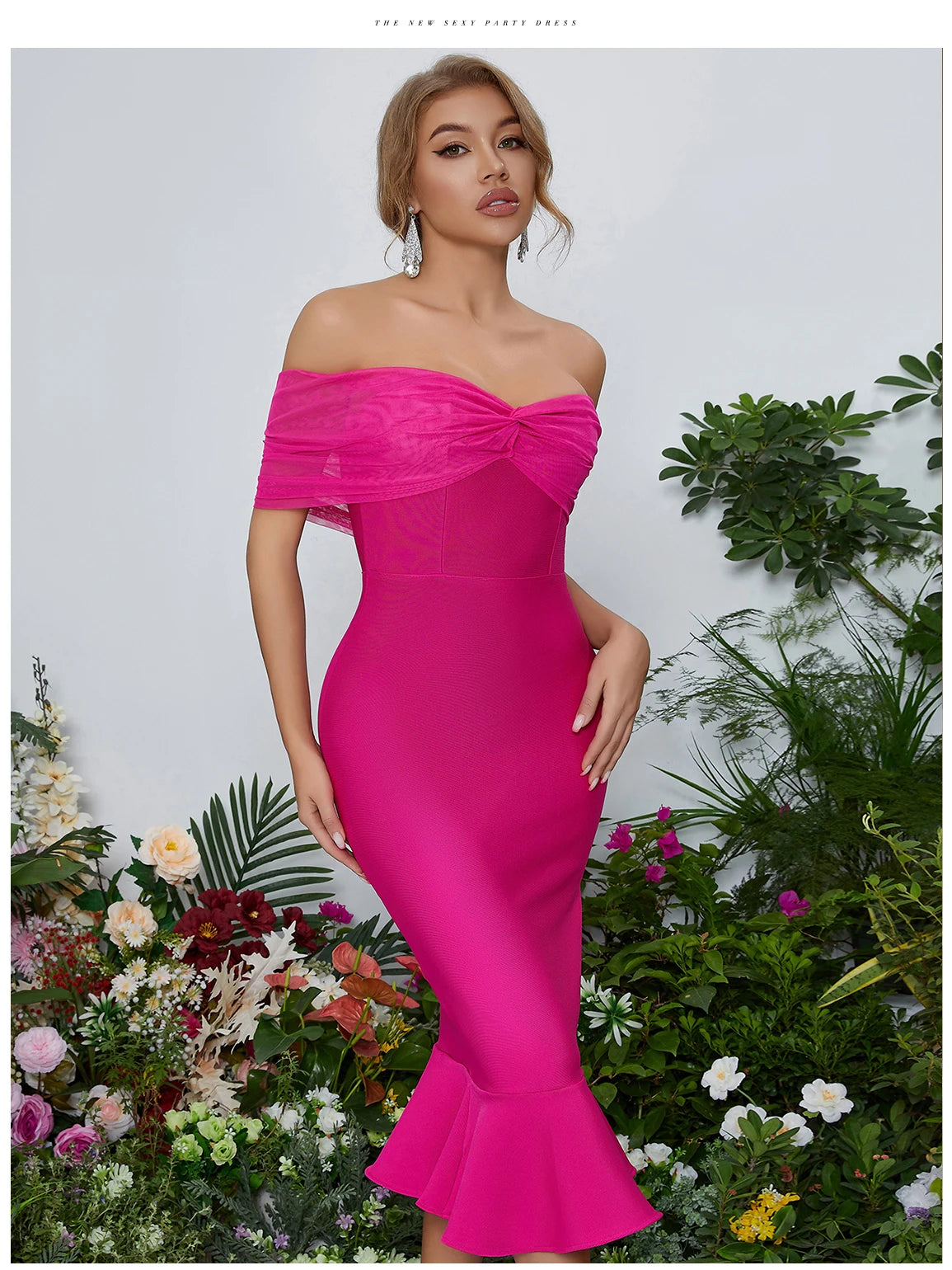 Women's Summer Mesh Midi Mermaid Bandage Off Shoulder Evening Dress
