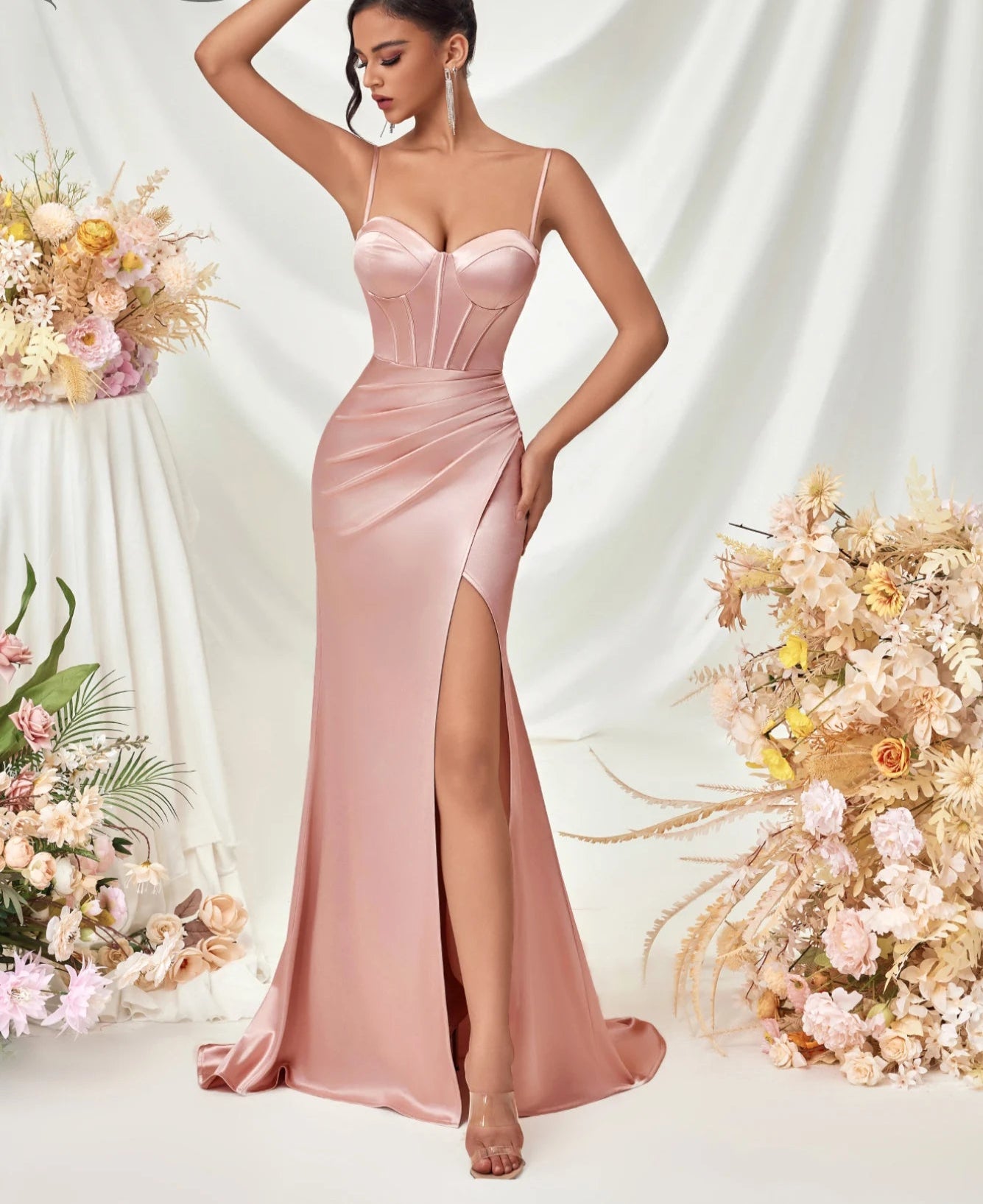 Women's Summer Fish Bone Trimmed Front Spaghetti Straps Evening Party Dress