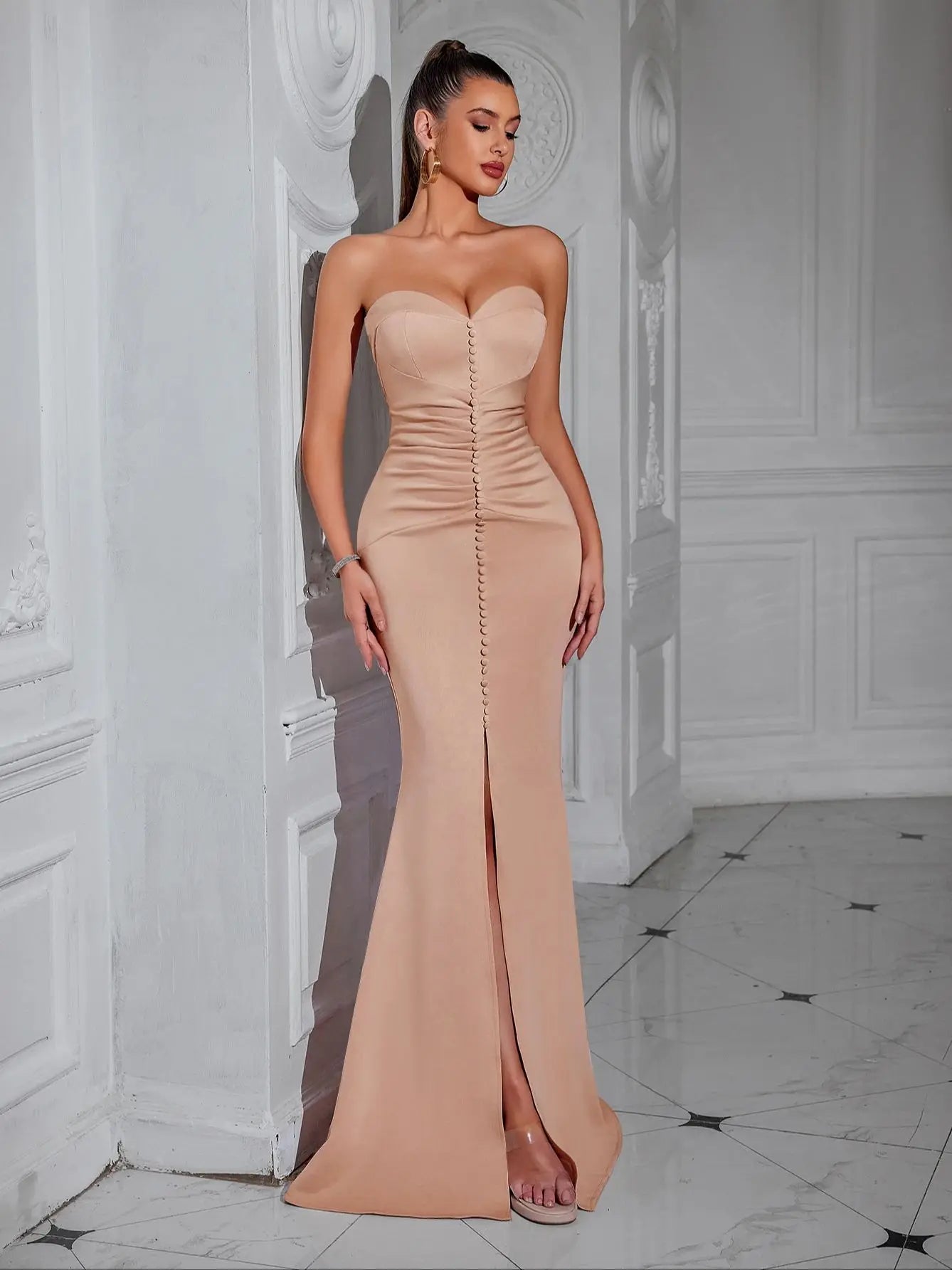 Elegant Button Detail Strapless Maxi Dress - Long Bodycon Evening Gown