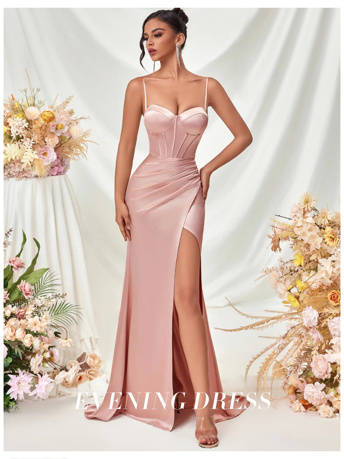 Women's Summer Fish Bone Trimmed Front Spaghetti Straps Evening Party Dress