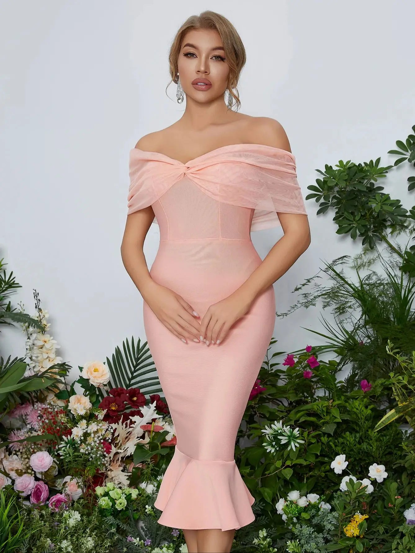 Women's Summer Mesh Midi Mermaid Bandage Off Shoulder Evening Dress