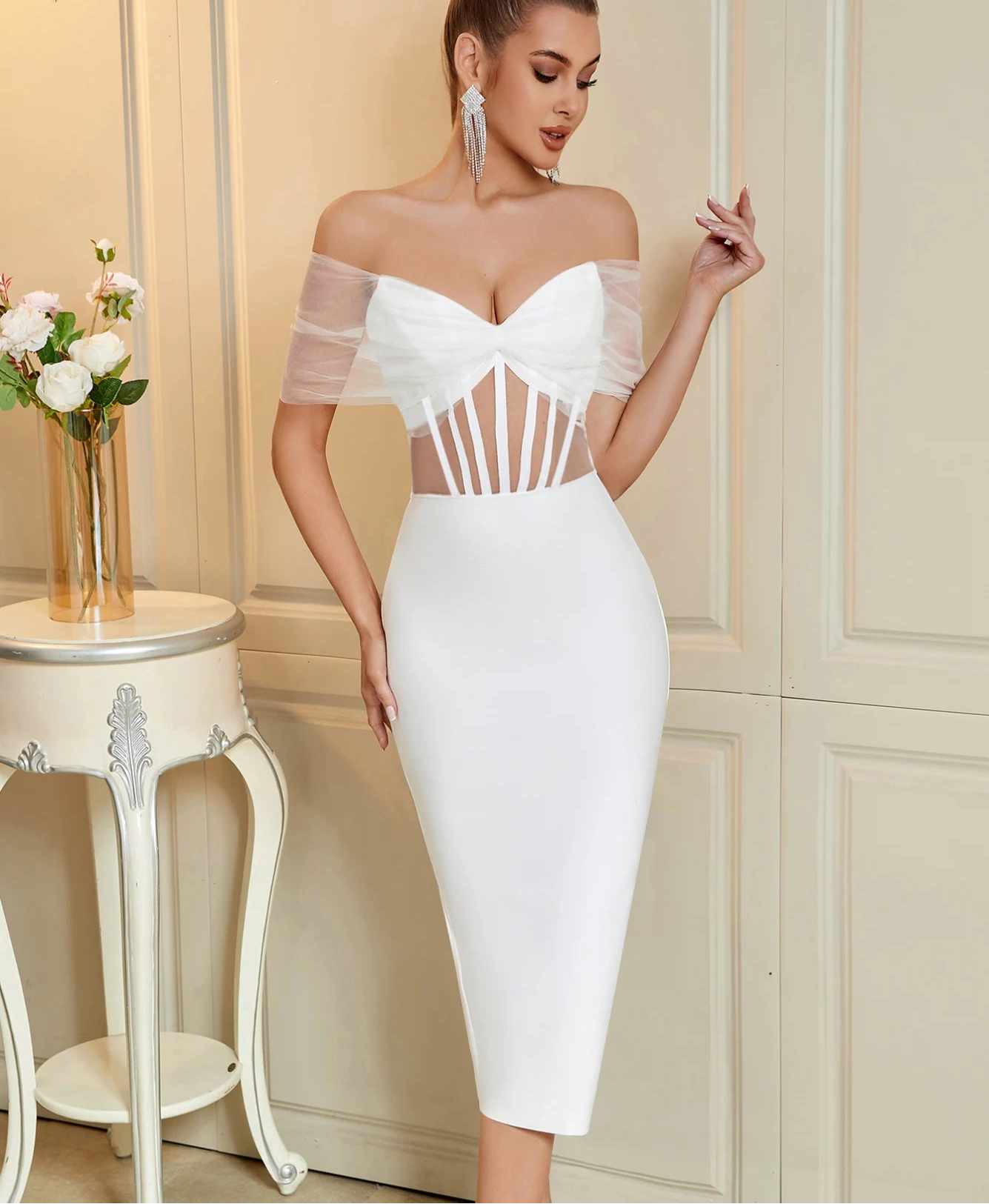 Women's Summer Mesh Hollow Out Bandage Off Shoulder Evening Elegant Dress