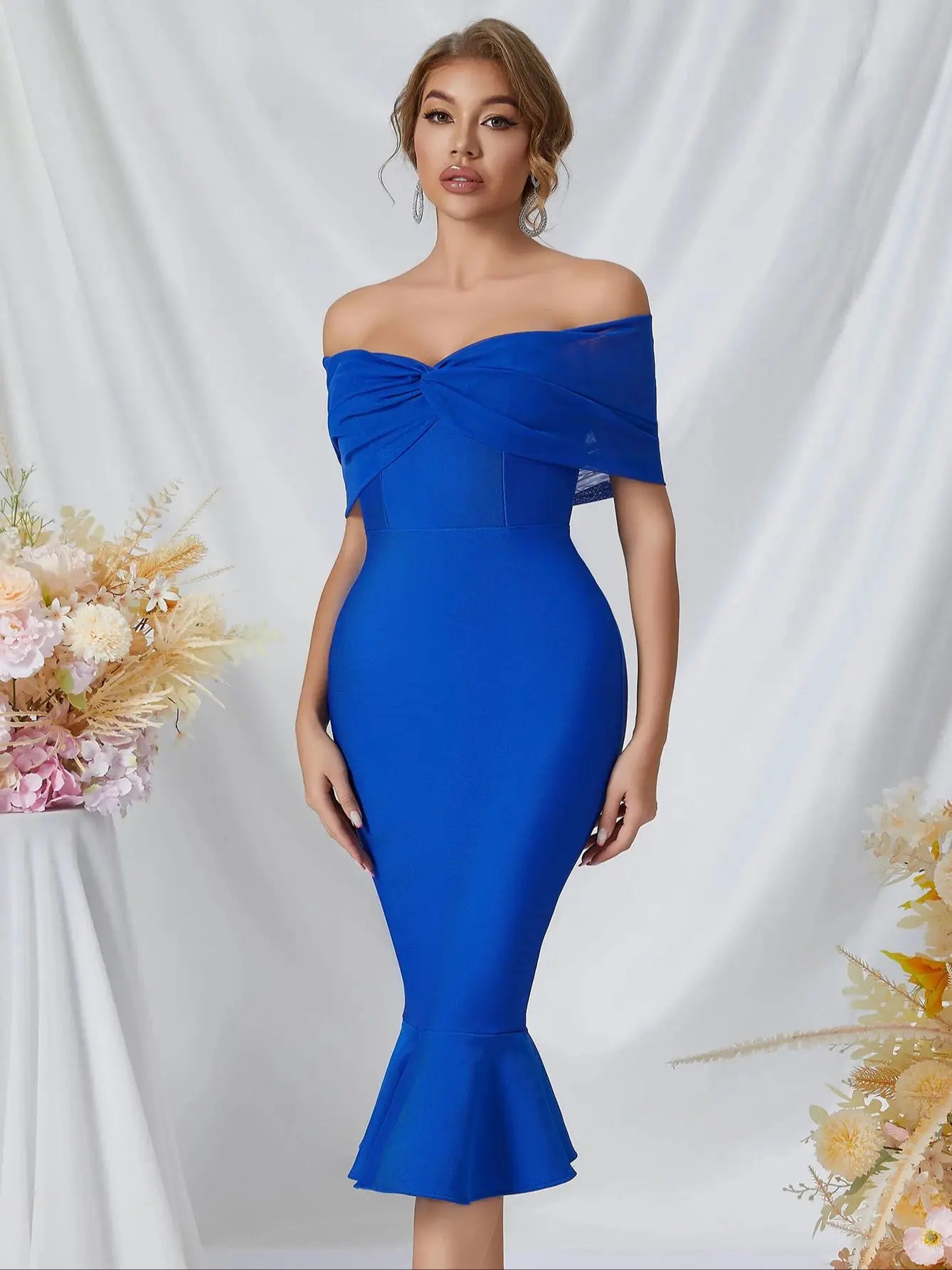 Women's Summer Mesh Midi Mermaid Bandage Off Shoulder Evening Dress