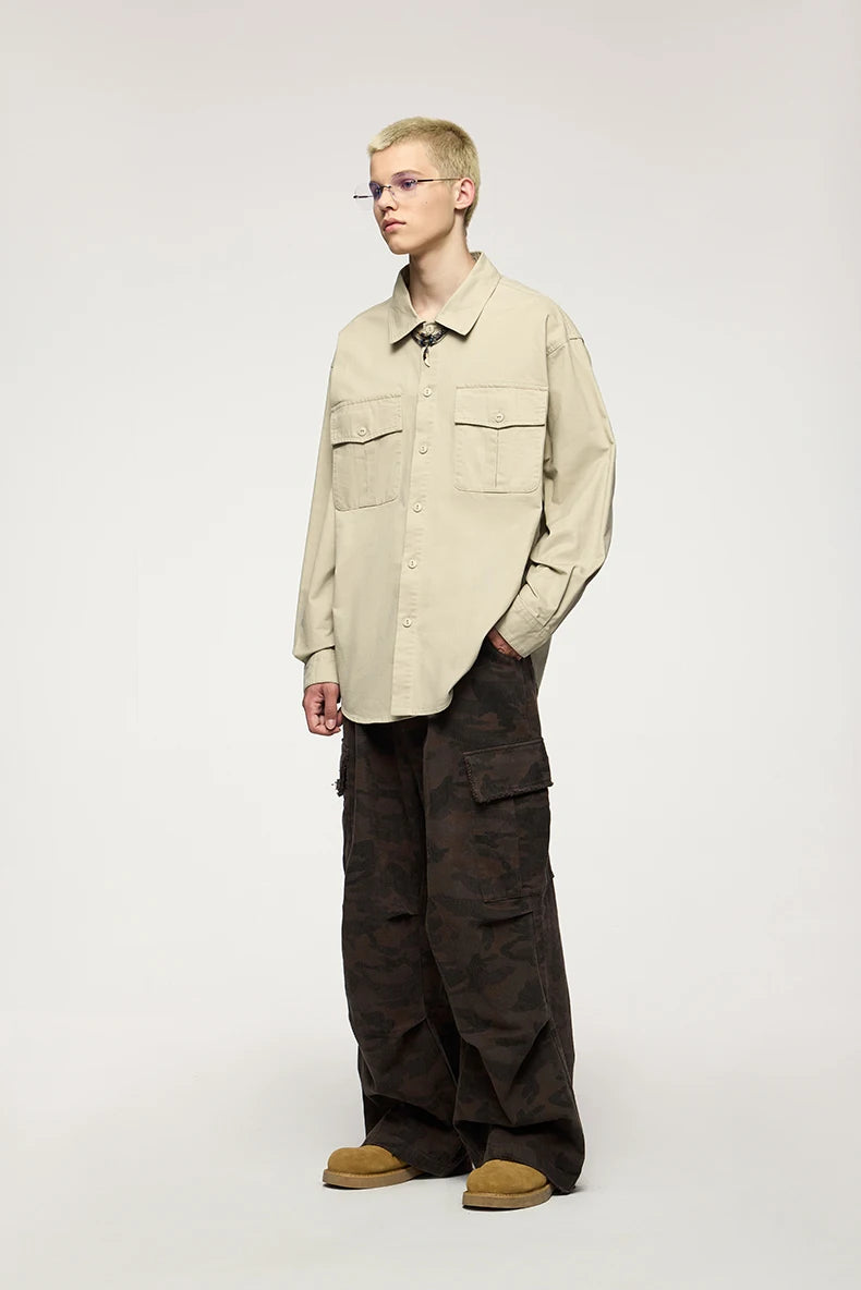 Men's Turn-Down Collar Long Sleeve Blouses Pockets Single-Breasted Vintage Cotton Casual Shirt