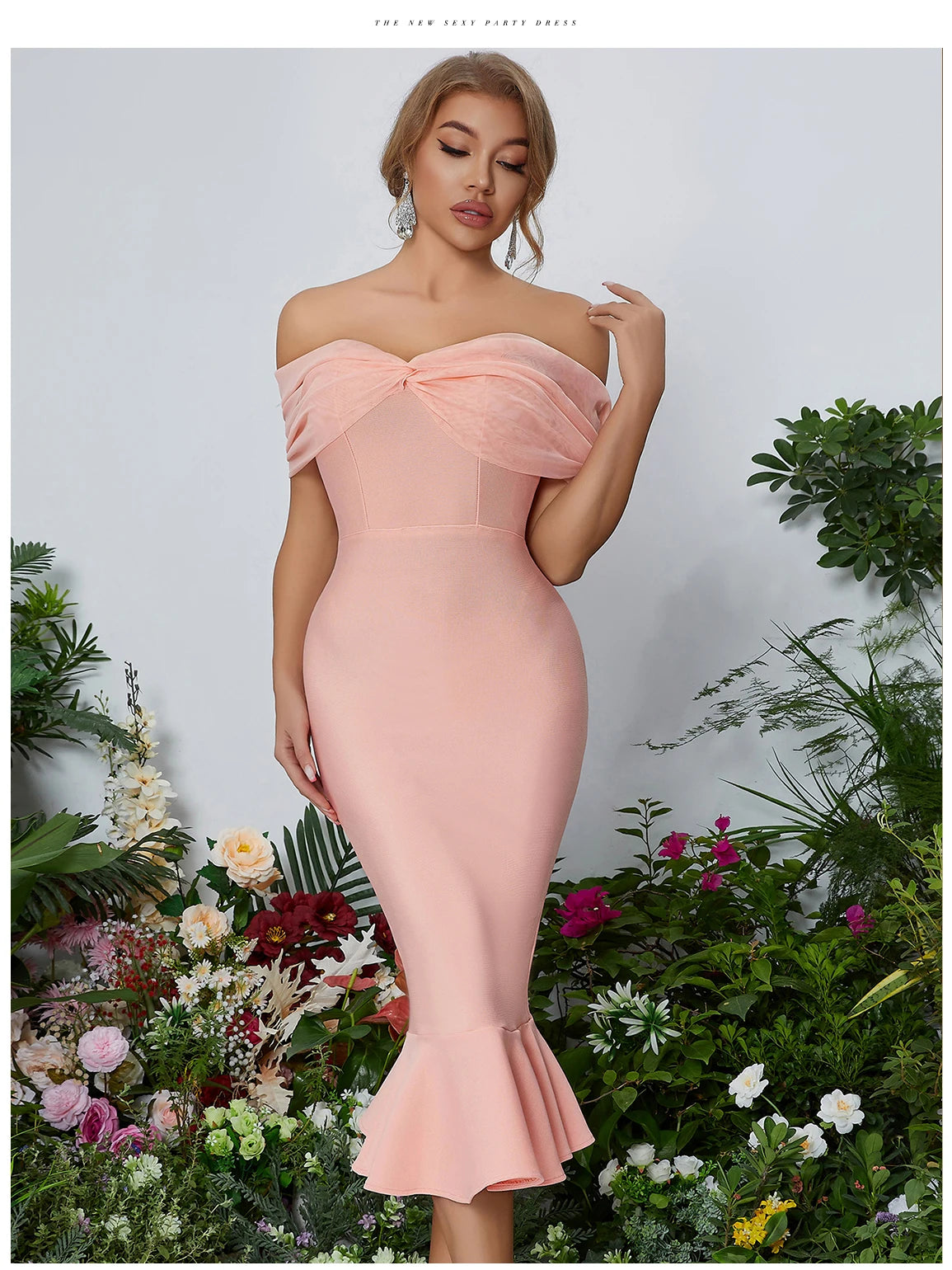 Women's Summer Mesh Midi Mermaid Bandage Off Shoulder Evening Dress
