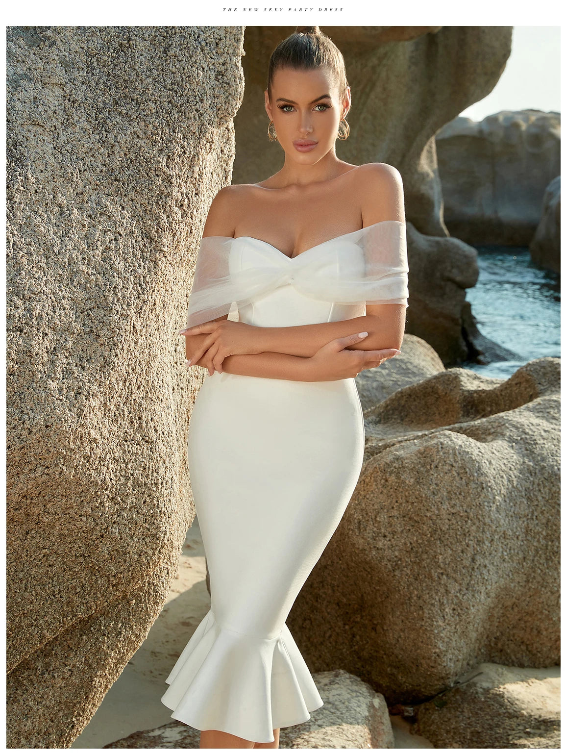 Women's Summer Mesh Midi Mermaid Bandage Off Shoulder Evening Dress