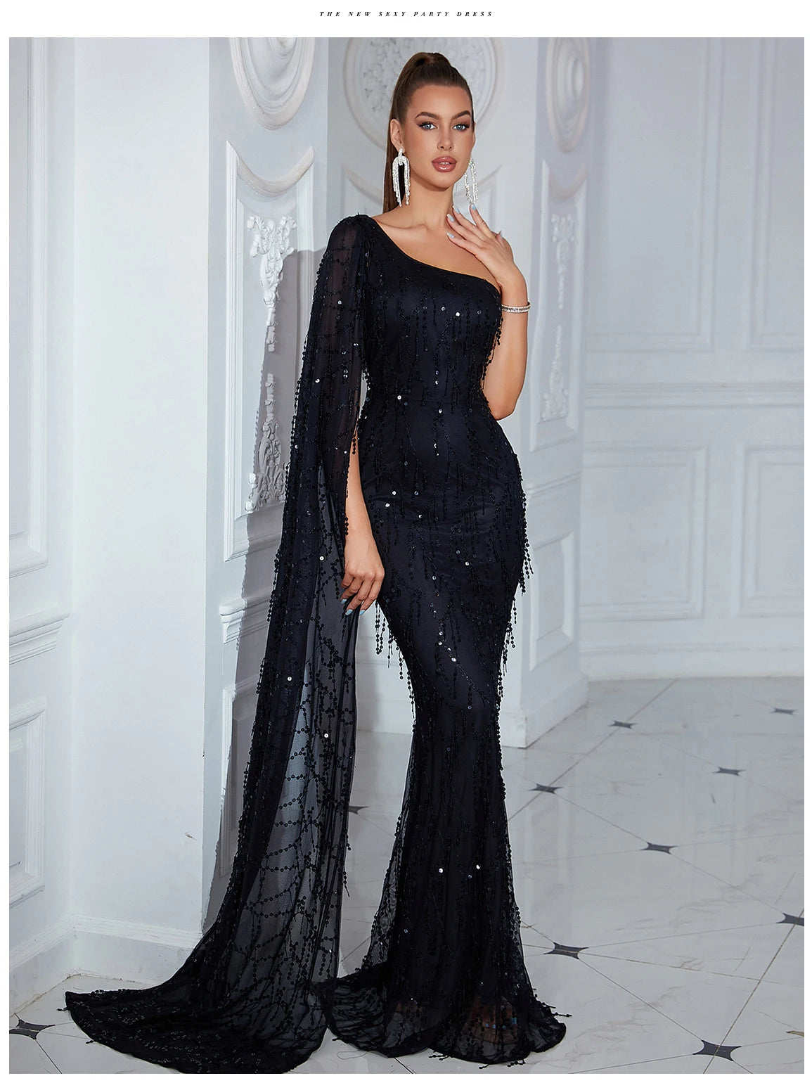Women's Summer One Shoulder Elegant Strapless Maxi long Sleeve Evening Party Dress