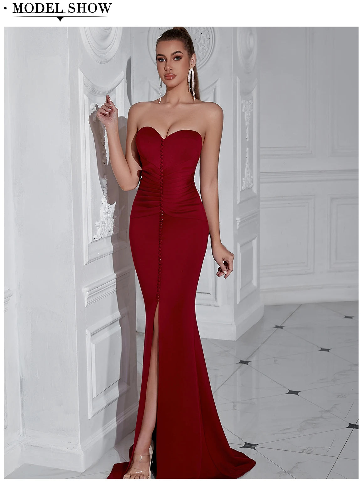 Elegant Button Detail Strapless Maxi Dress - Long Bodycon Evening Gown