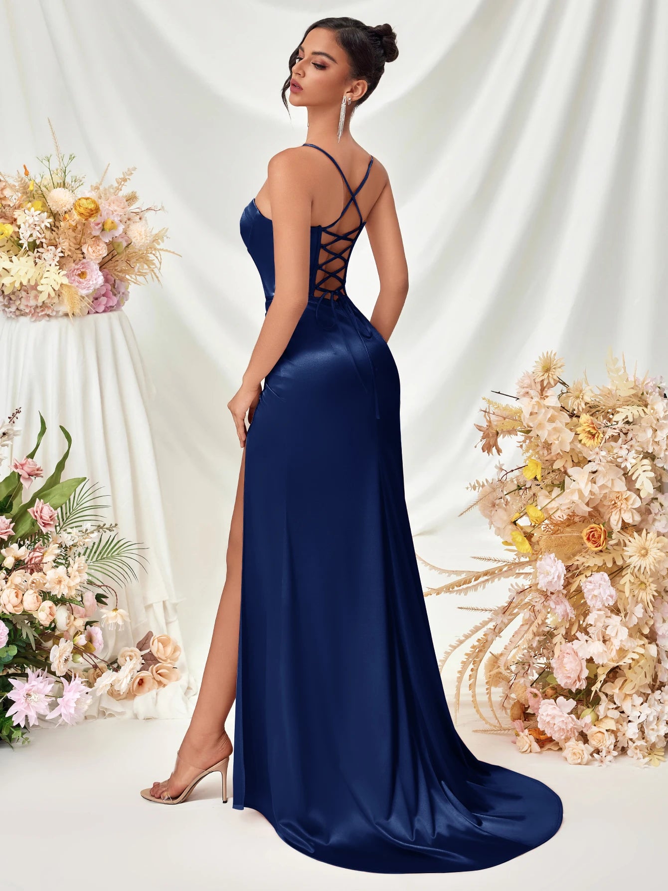 Women's Summer Fish Bone Trimmed Front Spaghetti Straps Evening Party Dress