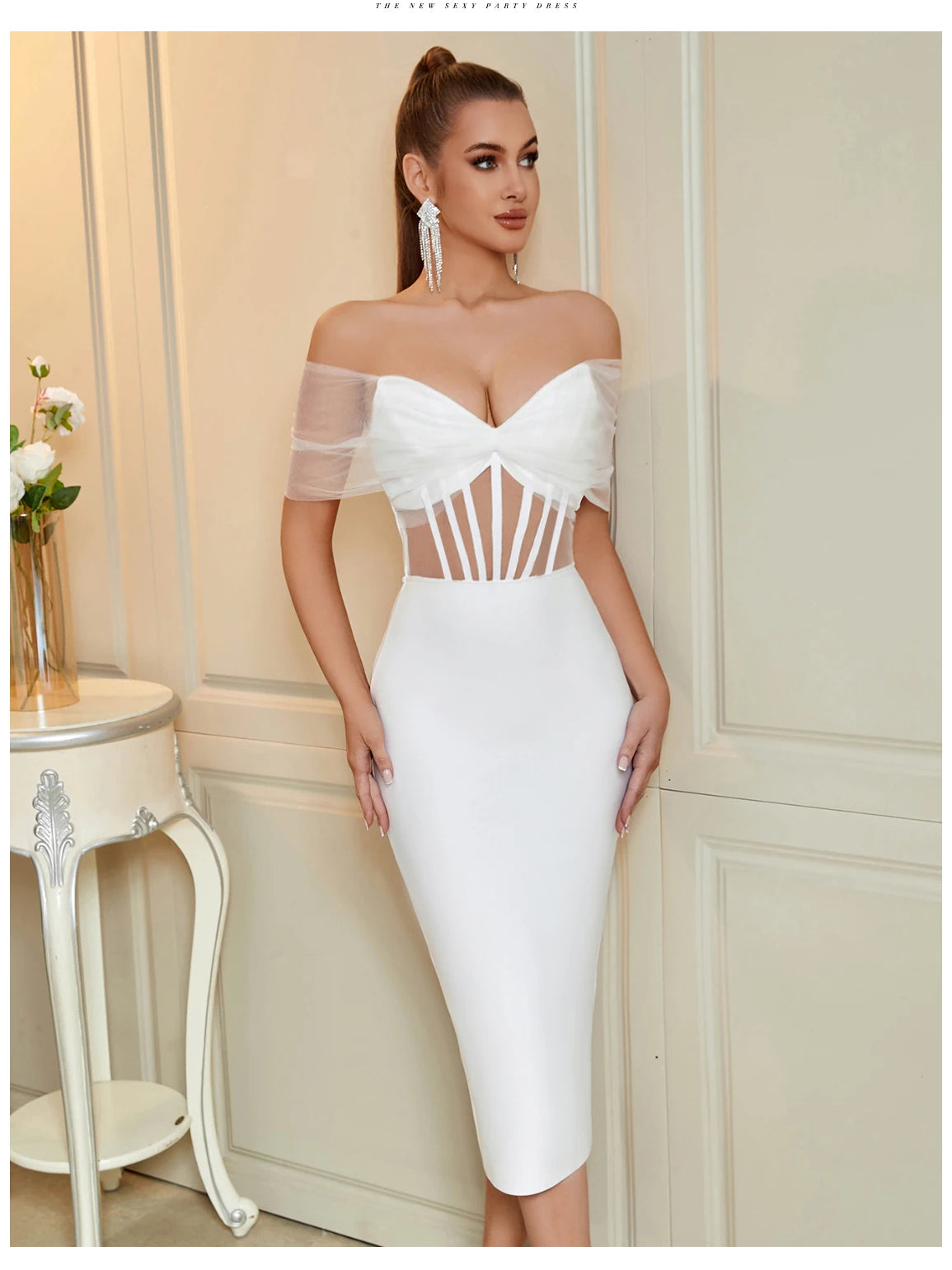 Women's Summer Mesh Hollow Out Bandage Off Shoulder Evening Elegant Dress