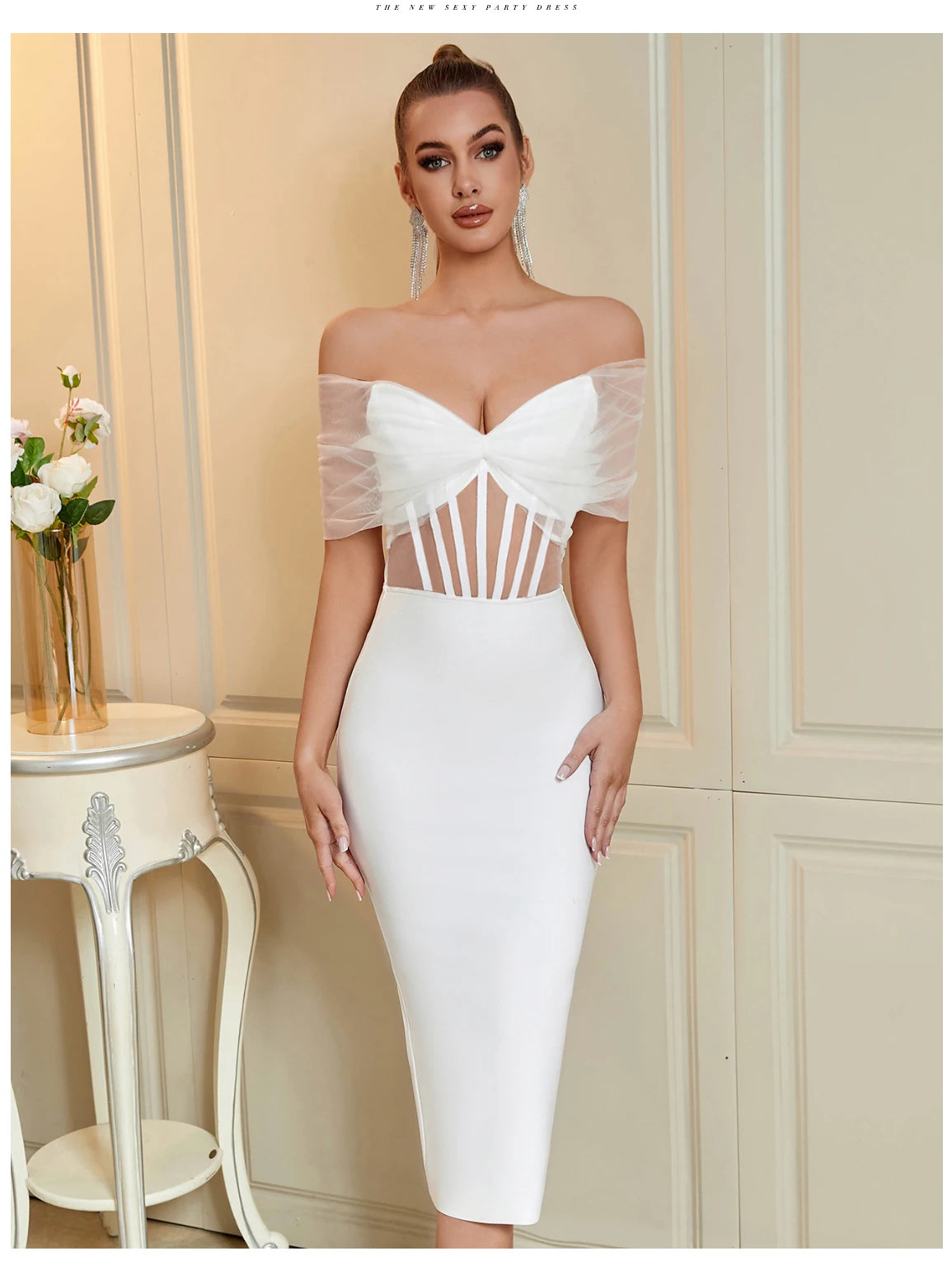 Women's Summer Mesh Hollow Out Bandage Off Shoulder Evening Elegant Dress