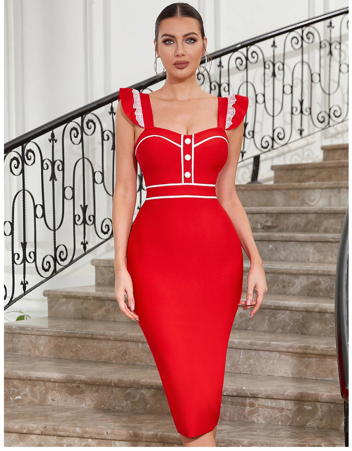 Women Ruffles Bandage Summer Midi Patchwork Evening Party Dress