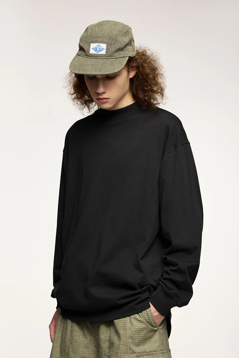 Unisex Heavyweight Mock Neck Cotton Oversized Long-sleeved T-shirt