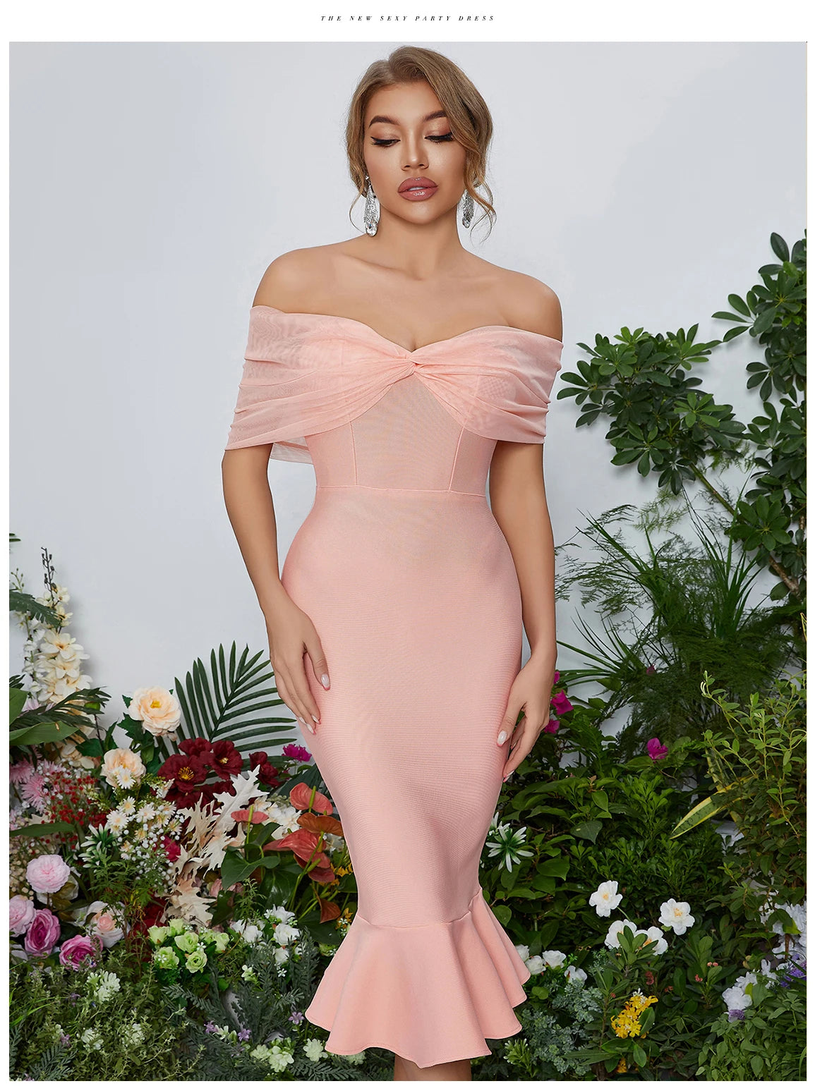 Women's Summer Mesh Midi Mermaid Bandage Off Shoulder Evening Dress