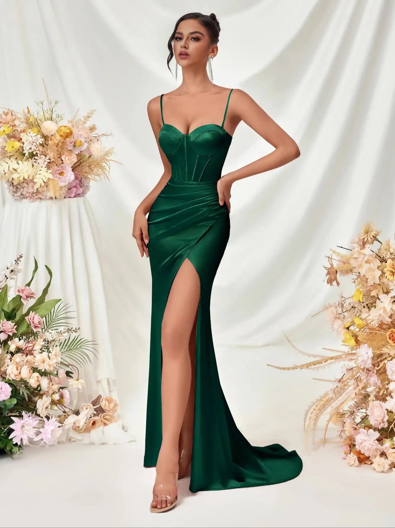 Women's Summer Fish Bone Trimmed Front Spaghetti Straps Evening Party Dress