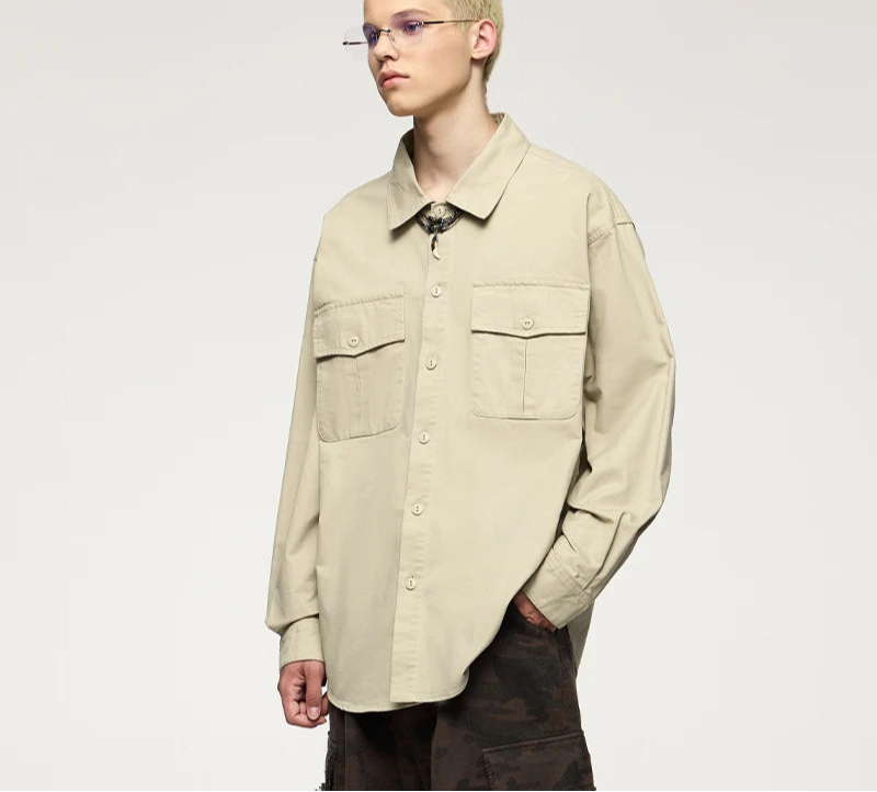 Men's Turn-Down Collar Long Sleeve Blouses Pockets Single-Breasted Vintage Cotton Casual Shirt