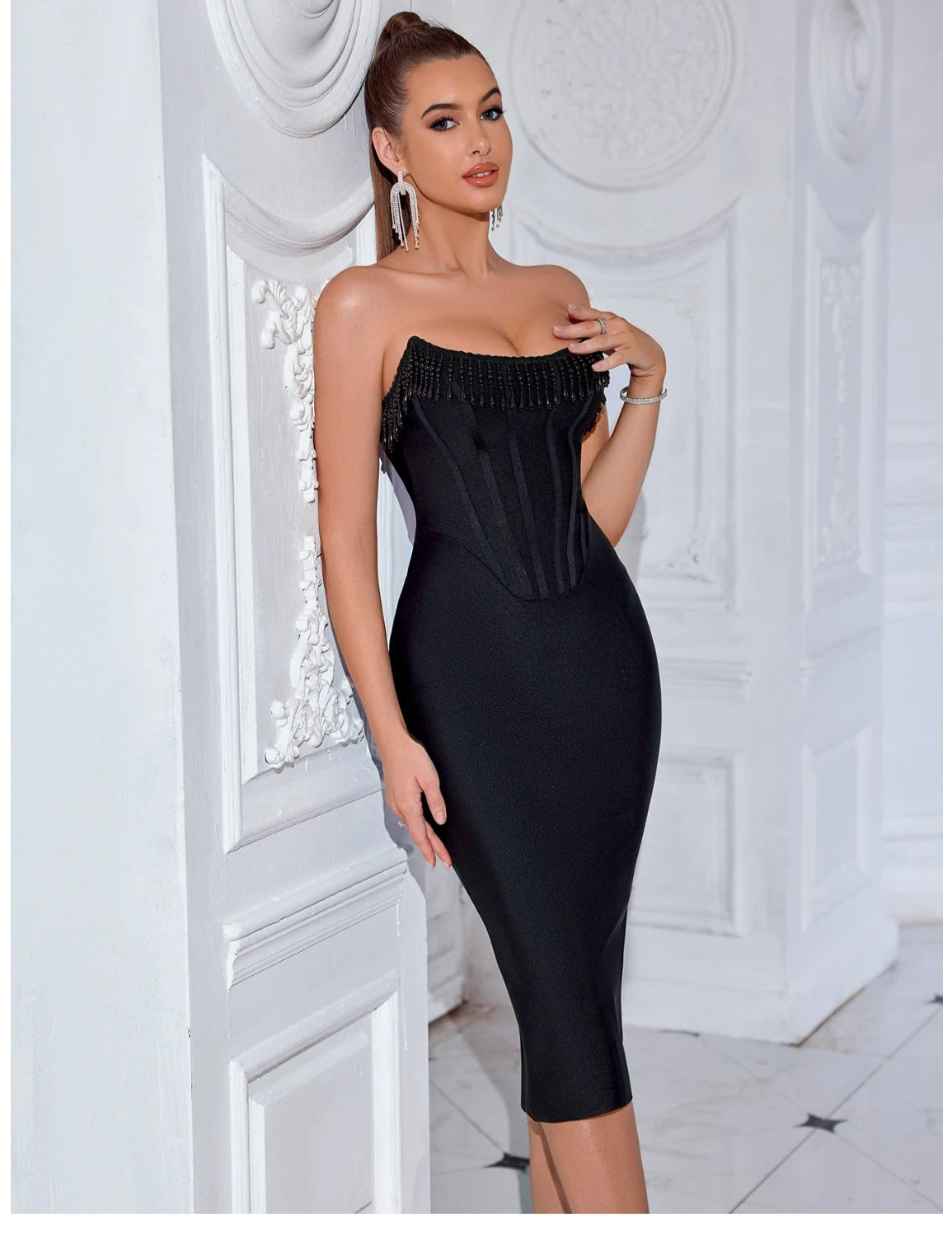 Women's Strapless Tassel Summer Sleeveless Elegant Club Evening Party Dress