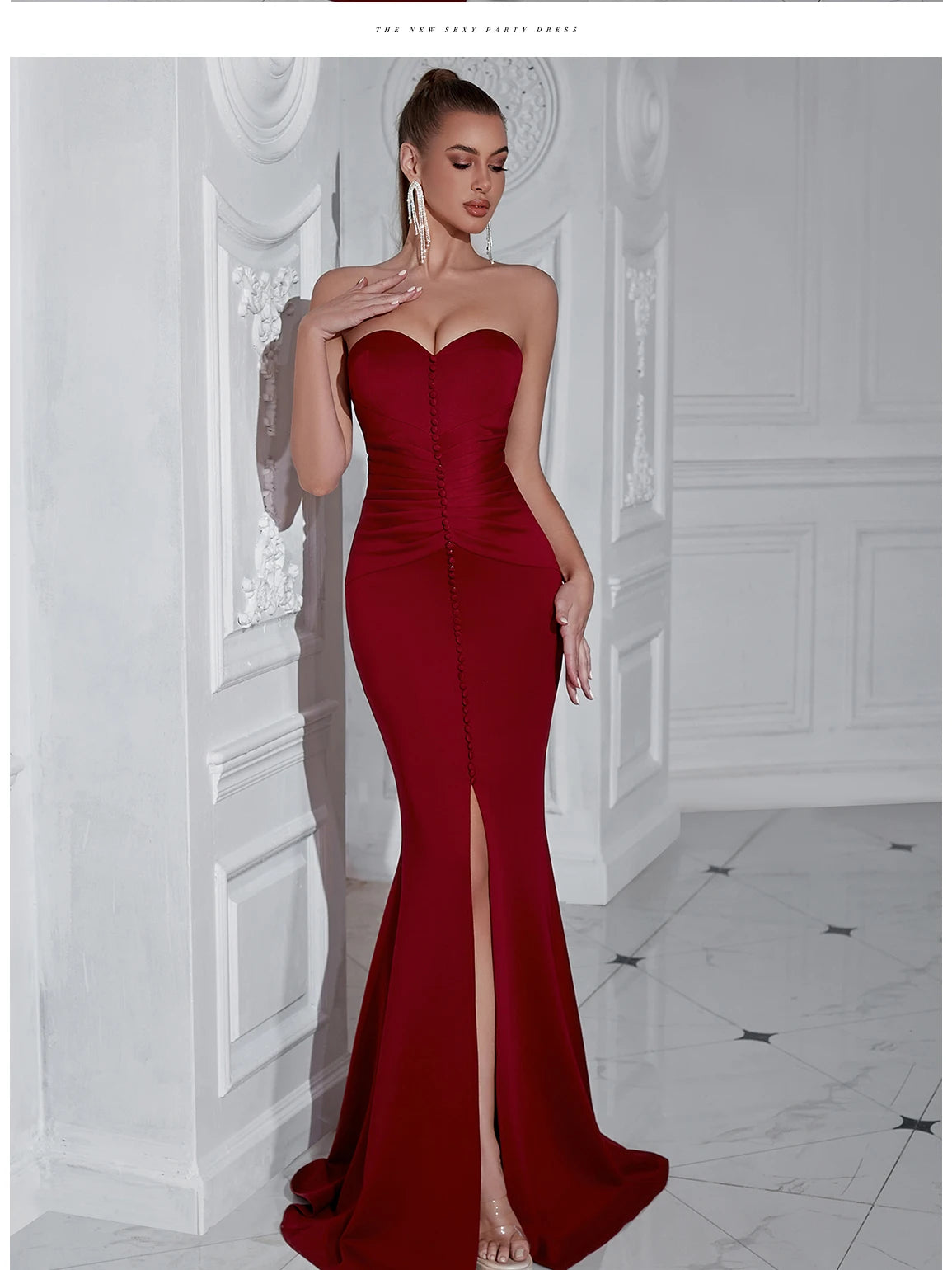Elegant Button Detail Strapless Maxi Dress - Long Bodycon Evening Gown