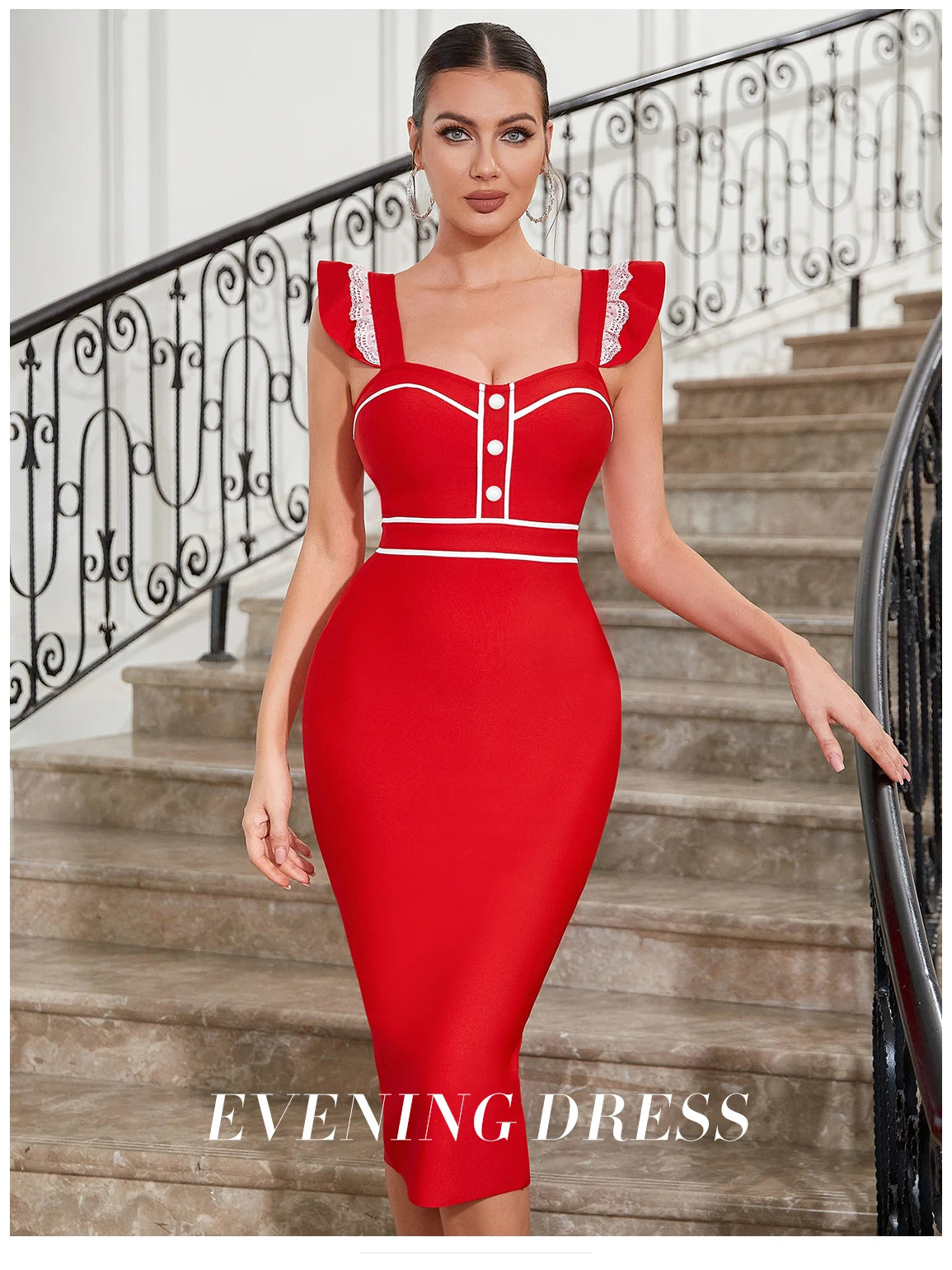 Women Ruffles Bandage Summer Midi Patchwork Evening Party Dress