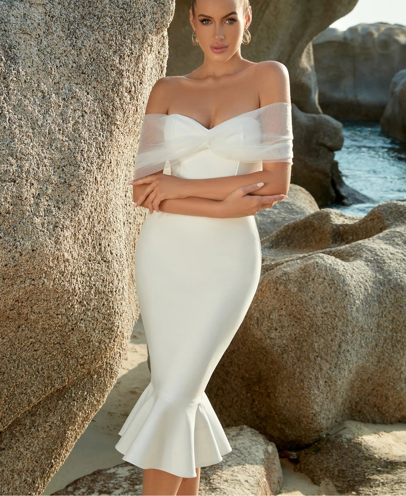 Women's Summer Mesh Midi Mermaid Bandage Off Shoulder Evening Dress
