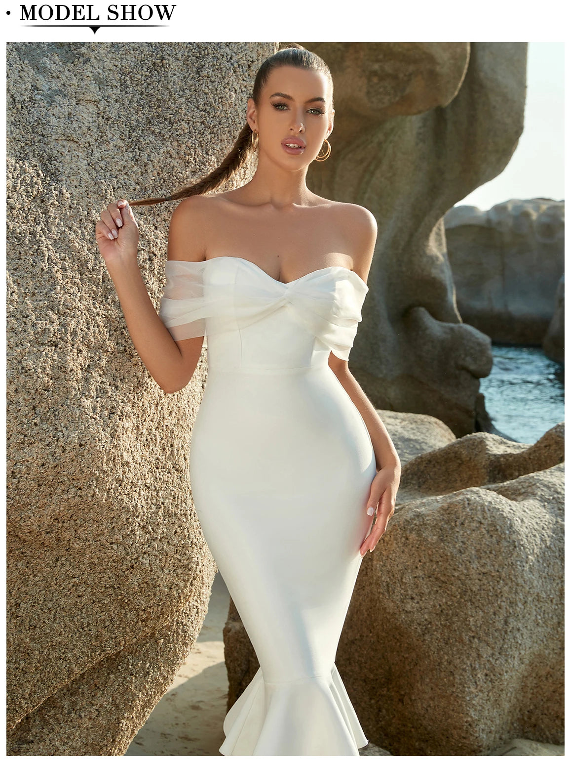 Women's Summer Mesh Midi Mermaid Bandage Off Shoulder Evening Dress
