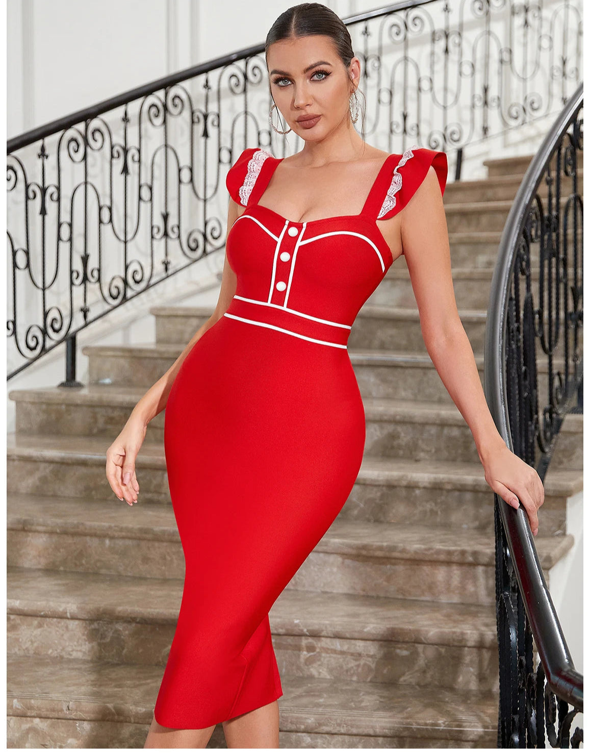 Women Ruffles Bandage Summer Midi Patchwork Evening Party Dress