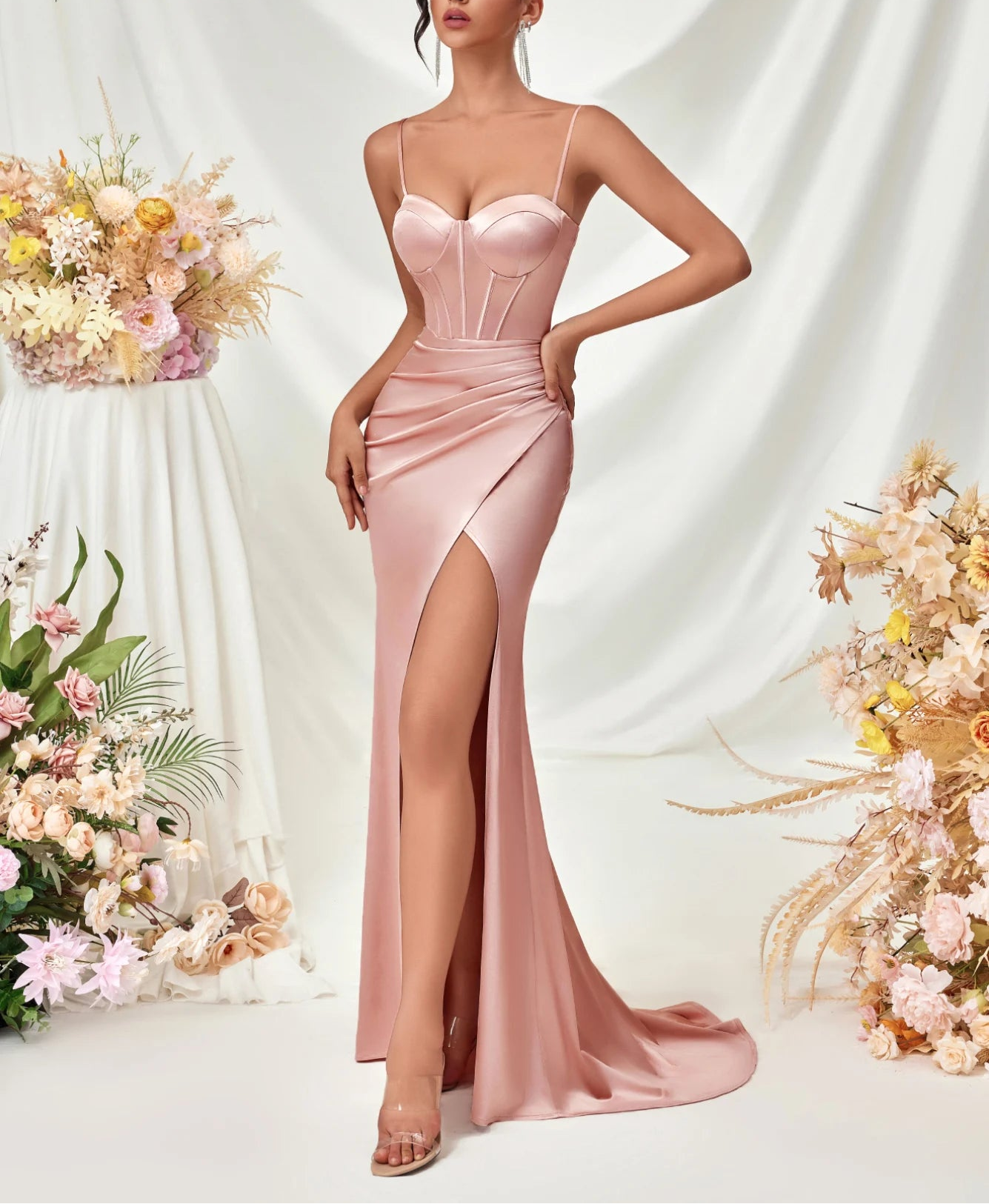 Women's Summer Fish Bone Trimmed Front Spaghetti Straps Evening Party Dress