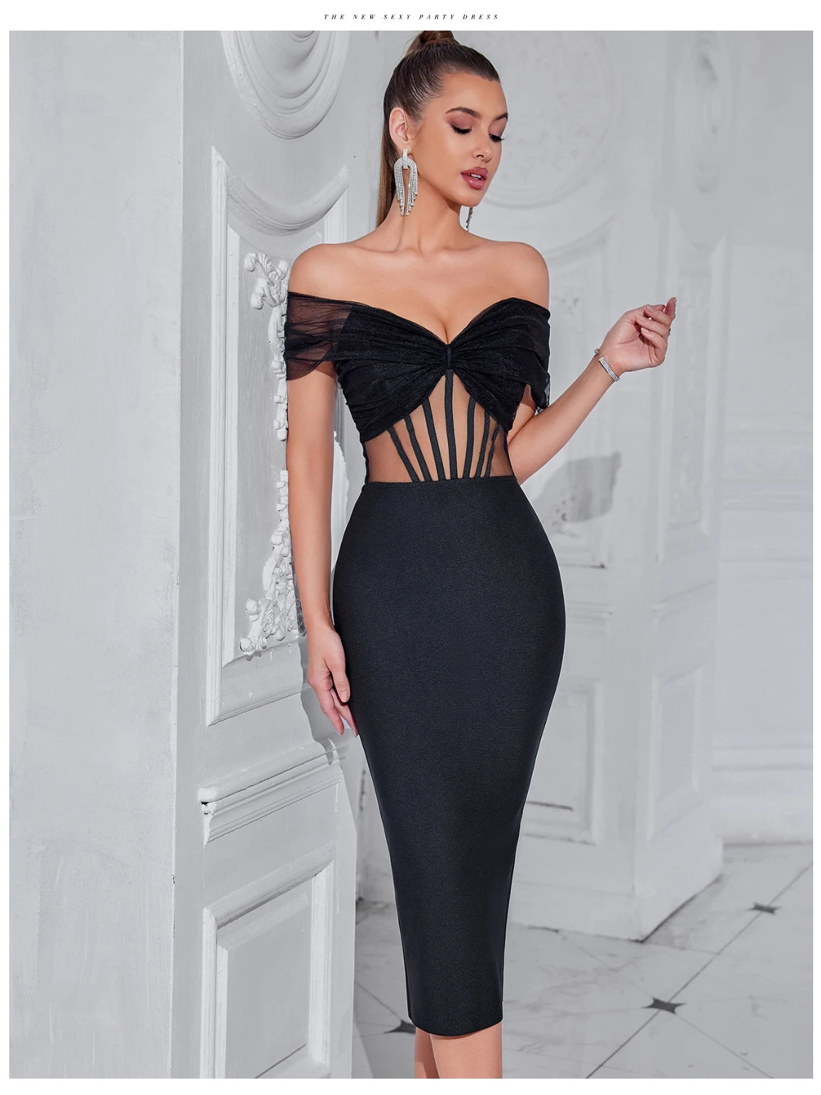 Women's Summer Mesh Hollow Out Bandage Off Shoulder Evening Elegant Dress