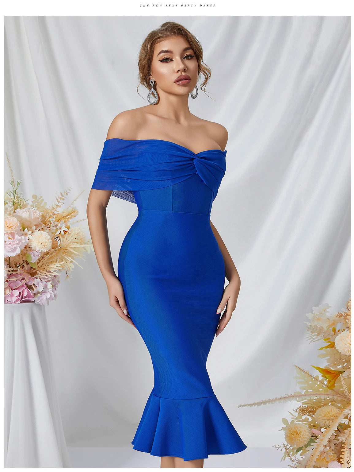 Women's Summer Mesh Midi Mermaid Bandage Off Shoulder Evening Dress