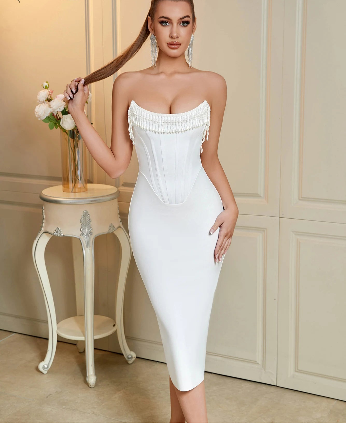 Women's Strapless Tassel Summer Sleeveless Elegant Club Evening Party Dress
