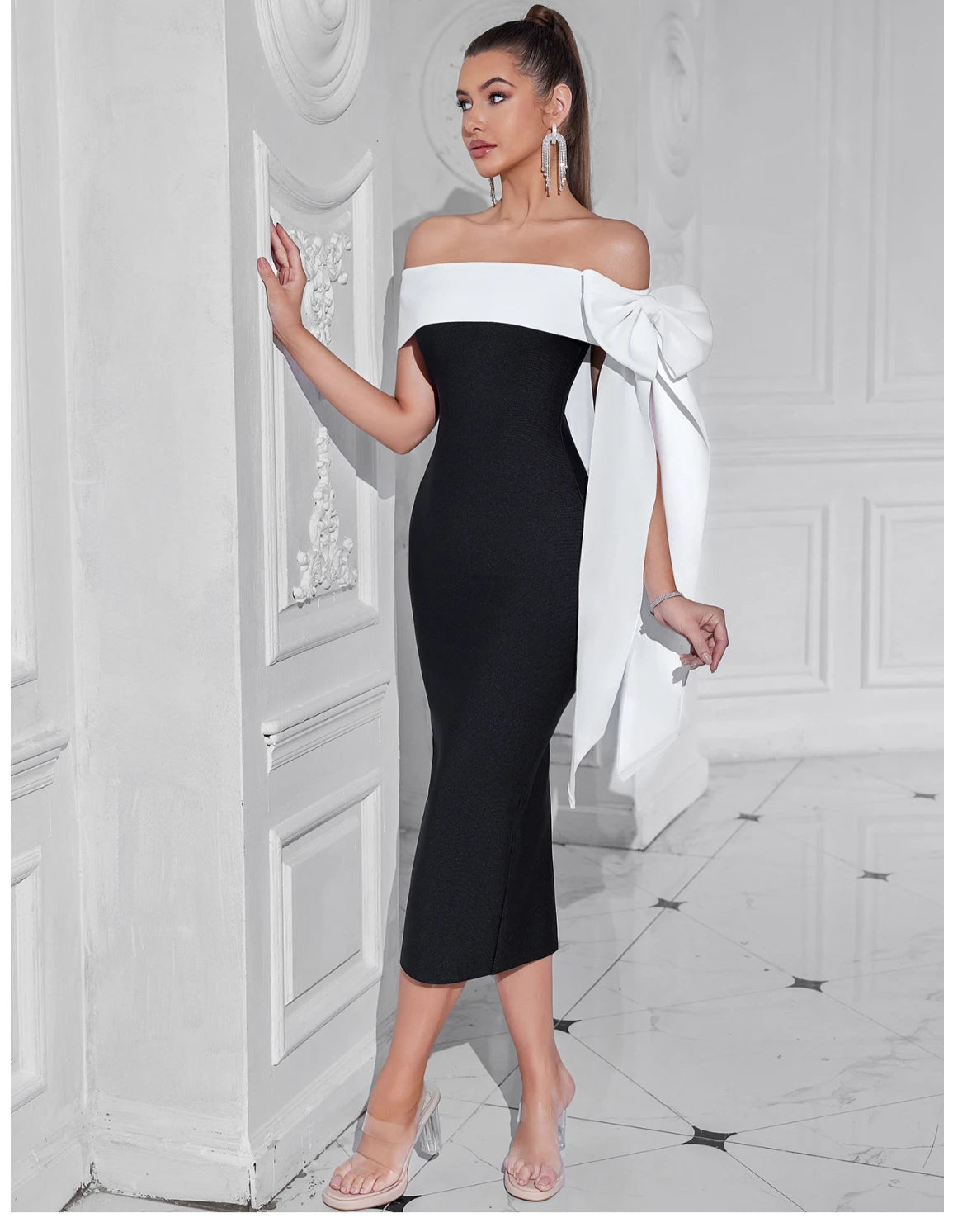 Women's Bow Bandage Summer Off Shoulder Patchwork Party Dress