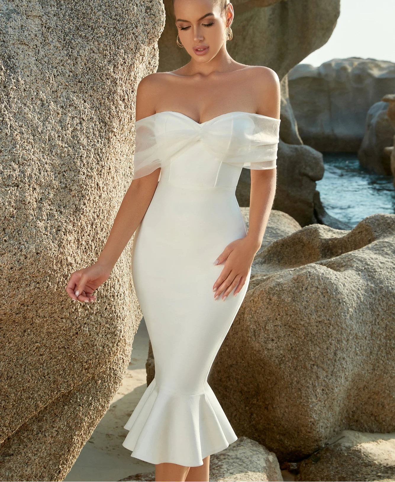 Women's Summer Mesh Midi Mermaid Bandage Off Shoulder Evening Dress