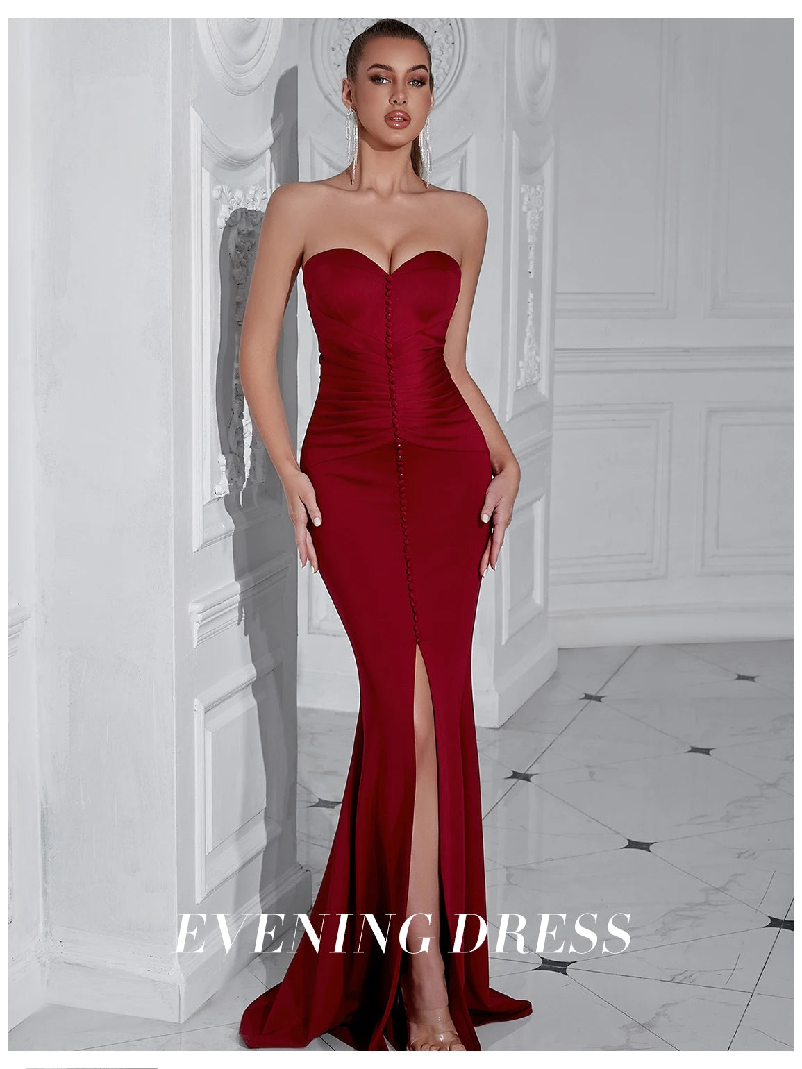 Elegant Button Detail Strapless Maxi Dress - Long Bodycon Evening Gown