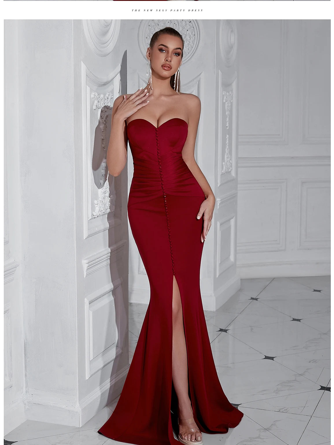 Elegant Button Detail Strapless Maxi Dress - Long Bodycon Evening Gown