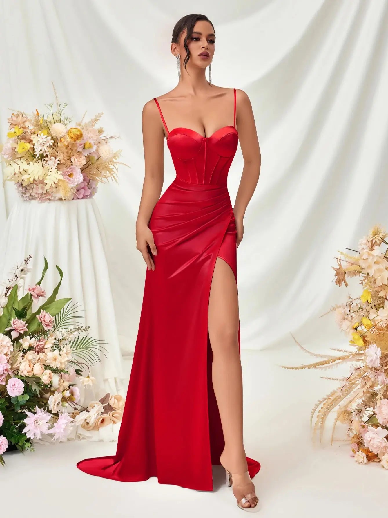 Women's Summer Fish Bone Trimmed Front Spaghetti Straps Evening Party Dress