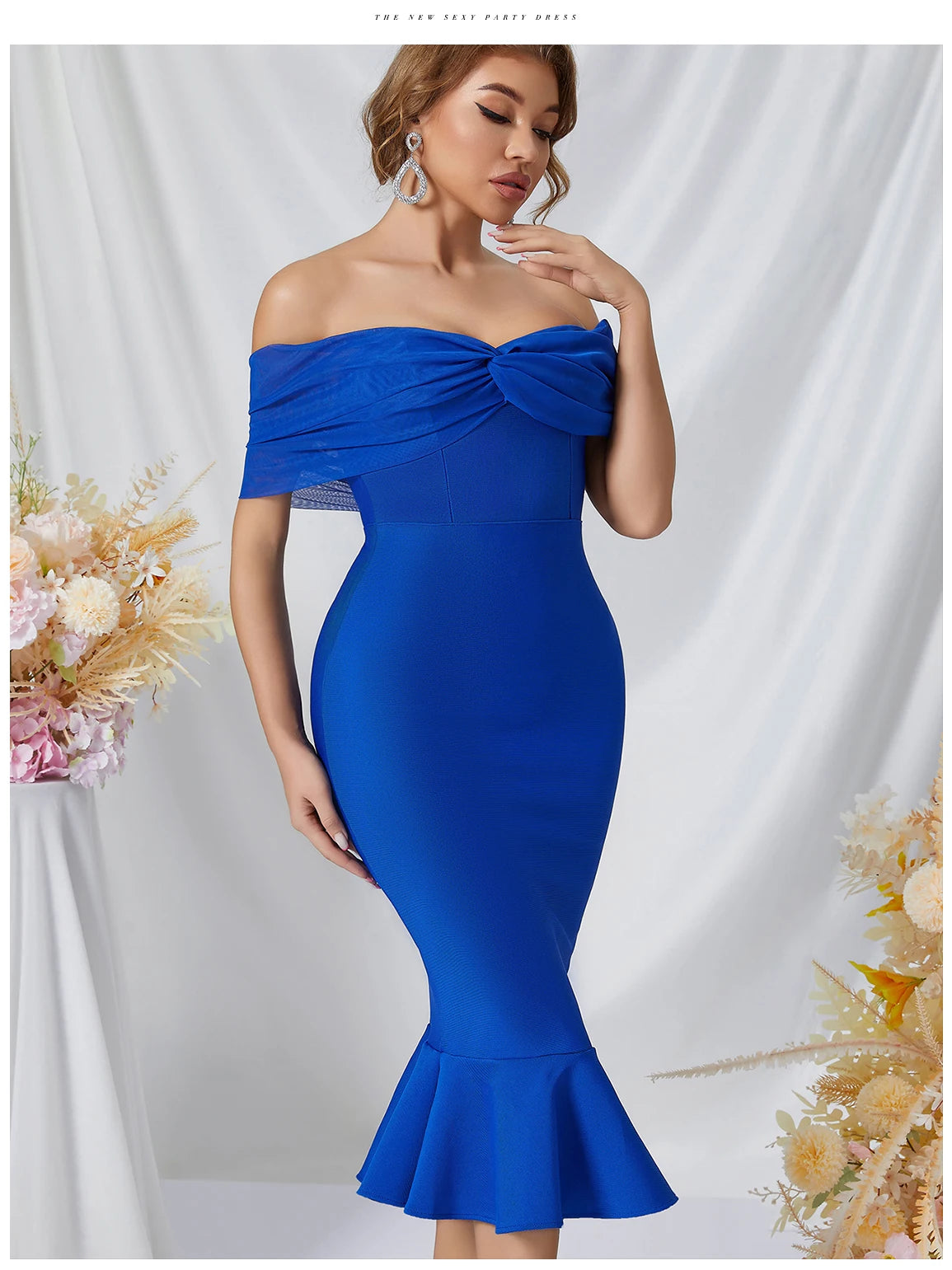 Women's Summer Mesh Midi Mermaid Bandage Off Shoulder Evening Dress