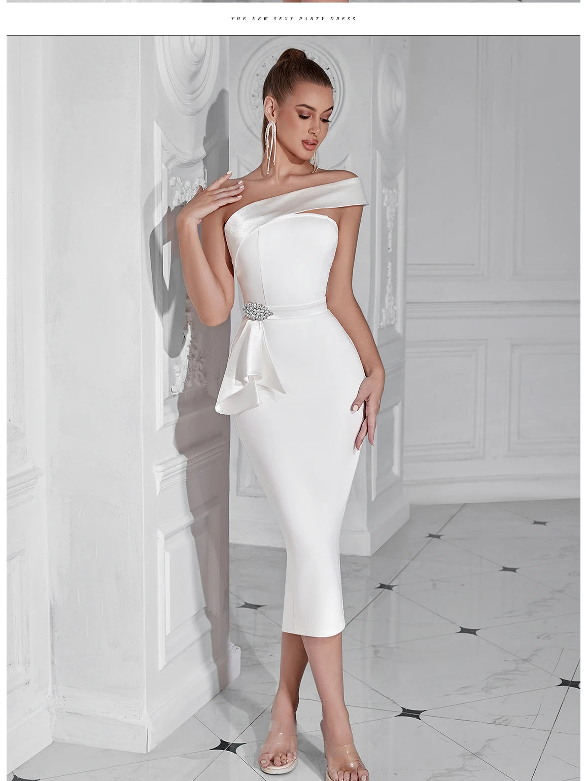 Women's Summer Elegant Outerwear One Shoulder Diamond Bodycon Evening Party Dress