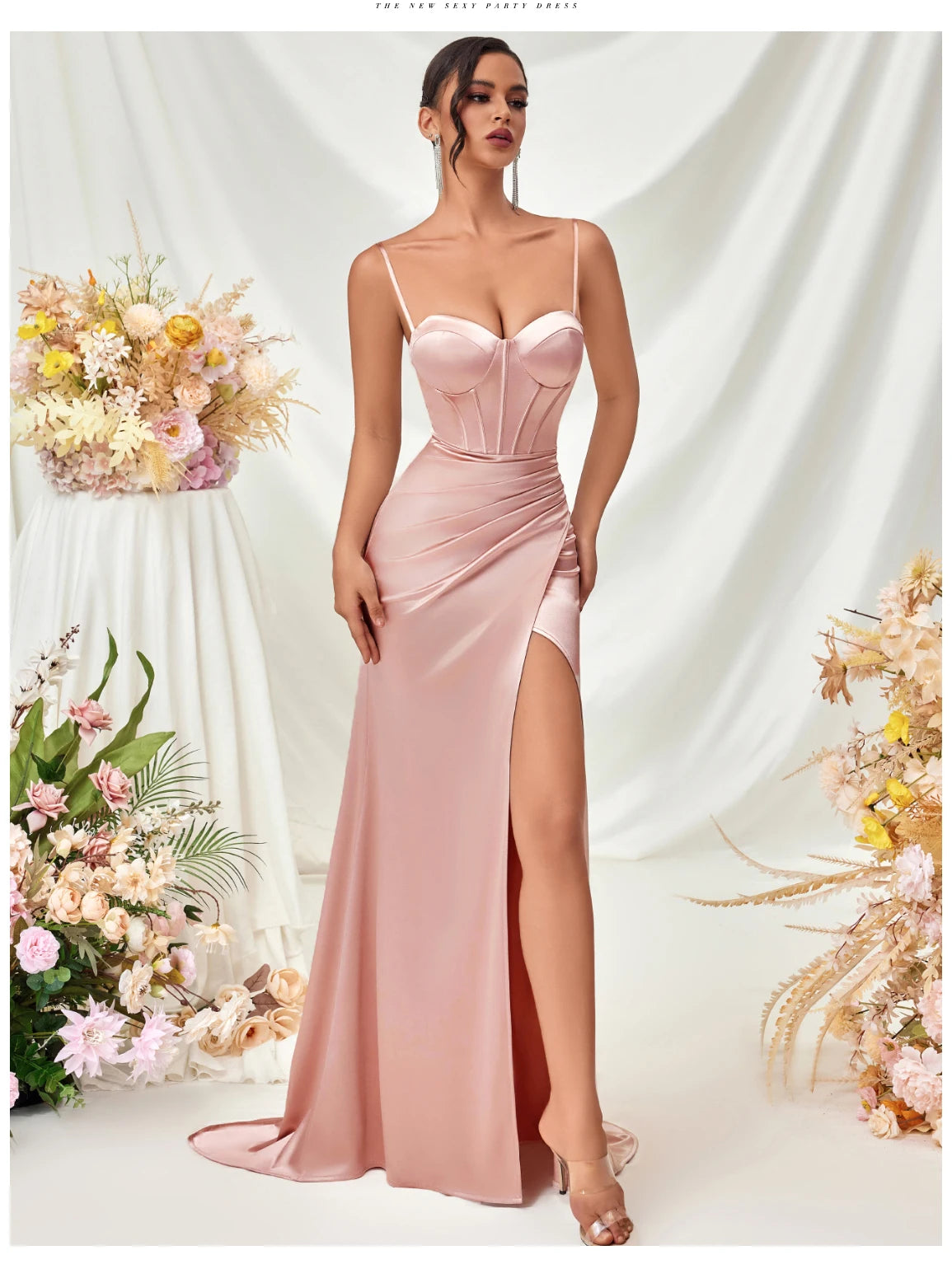 Women's Summer Fish Bone Trimmed Front Spaghetti Straps Evening Party Dress