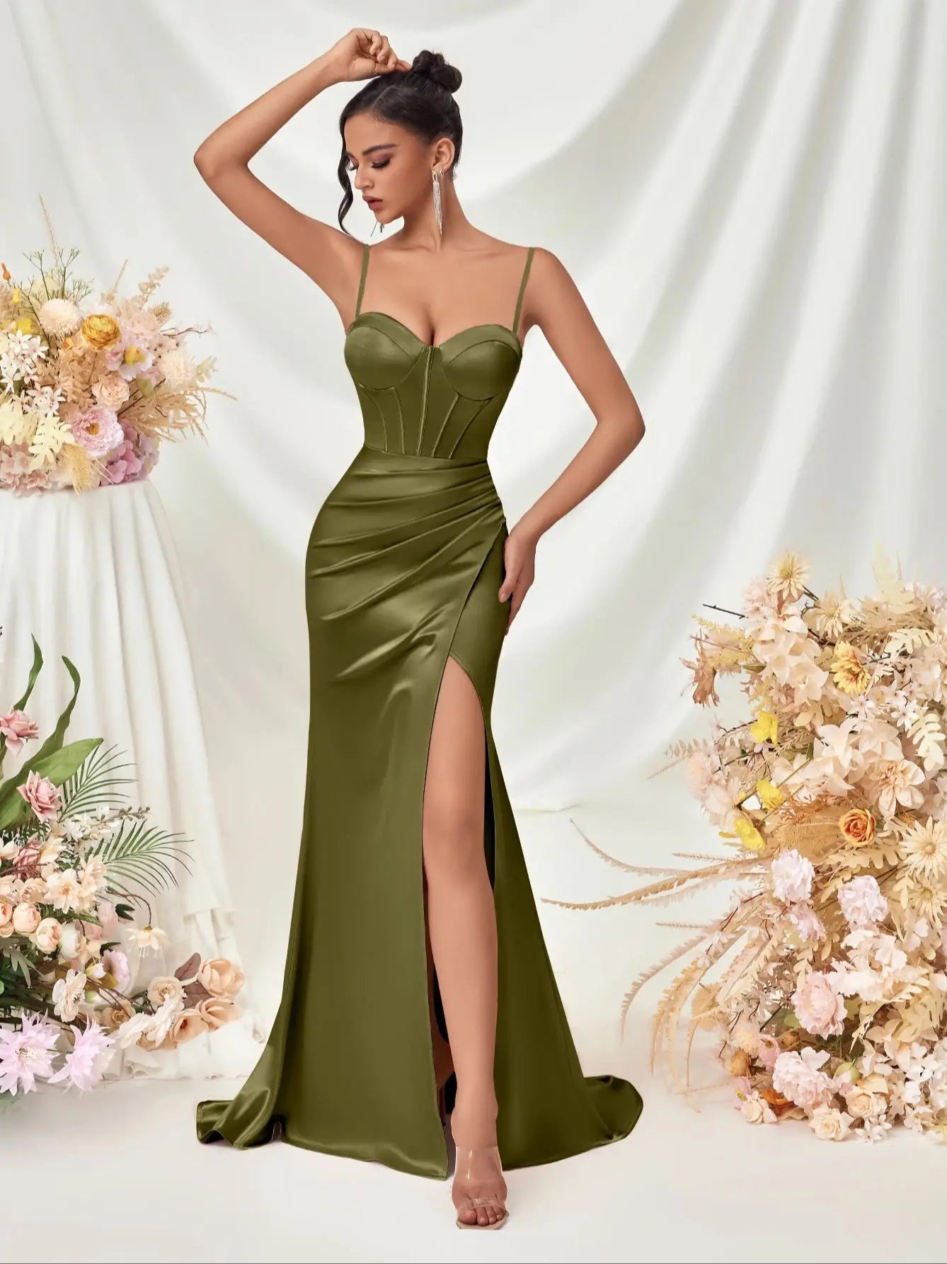 Women's Summer Fish Bone Trimmed Front Spaghetti Straps Evening Party Dress