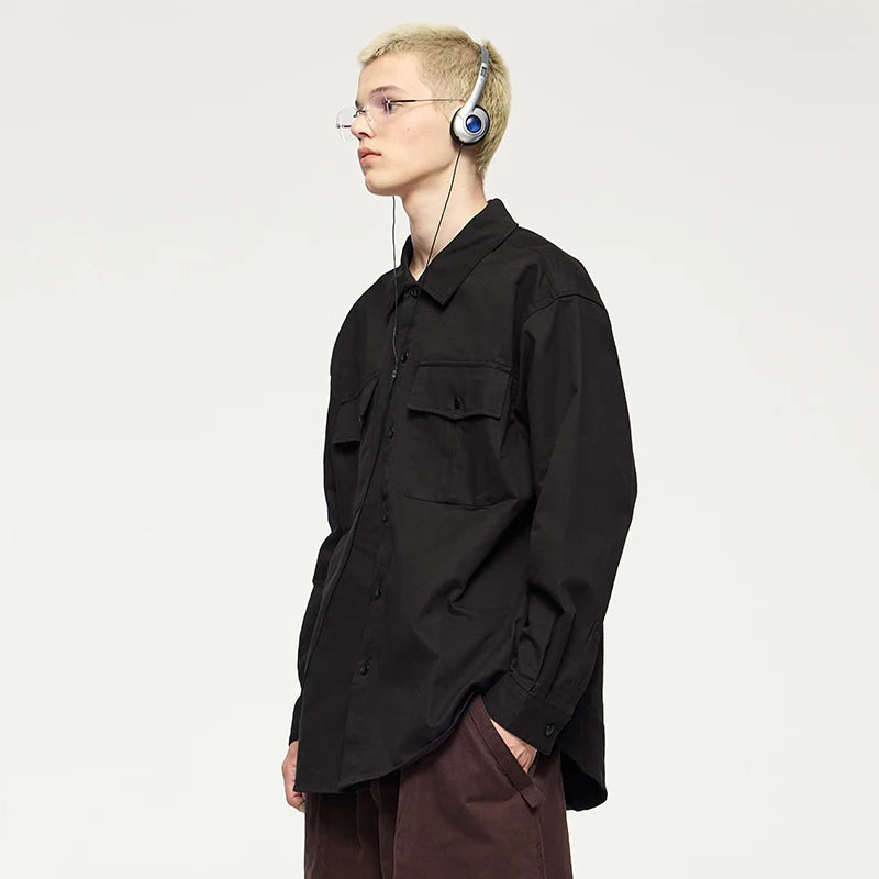 Men's Turn-Down Collar Long Sleeve Blouses Pockets Single-Breasted Vintage Cotton Casual Shirt