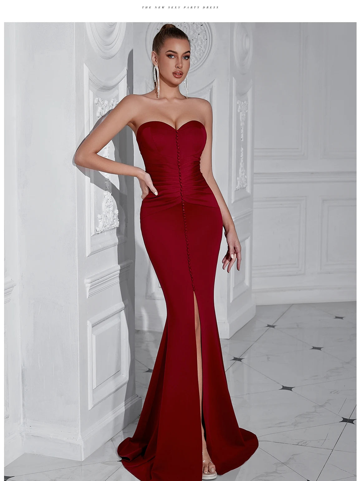 Elegant Button Detail Strapless Maxi Dress - Long Bodycon Evening Gown
