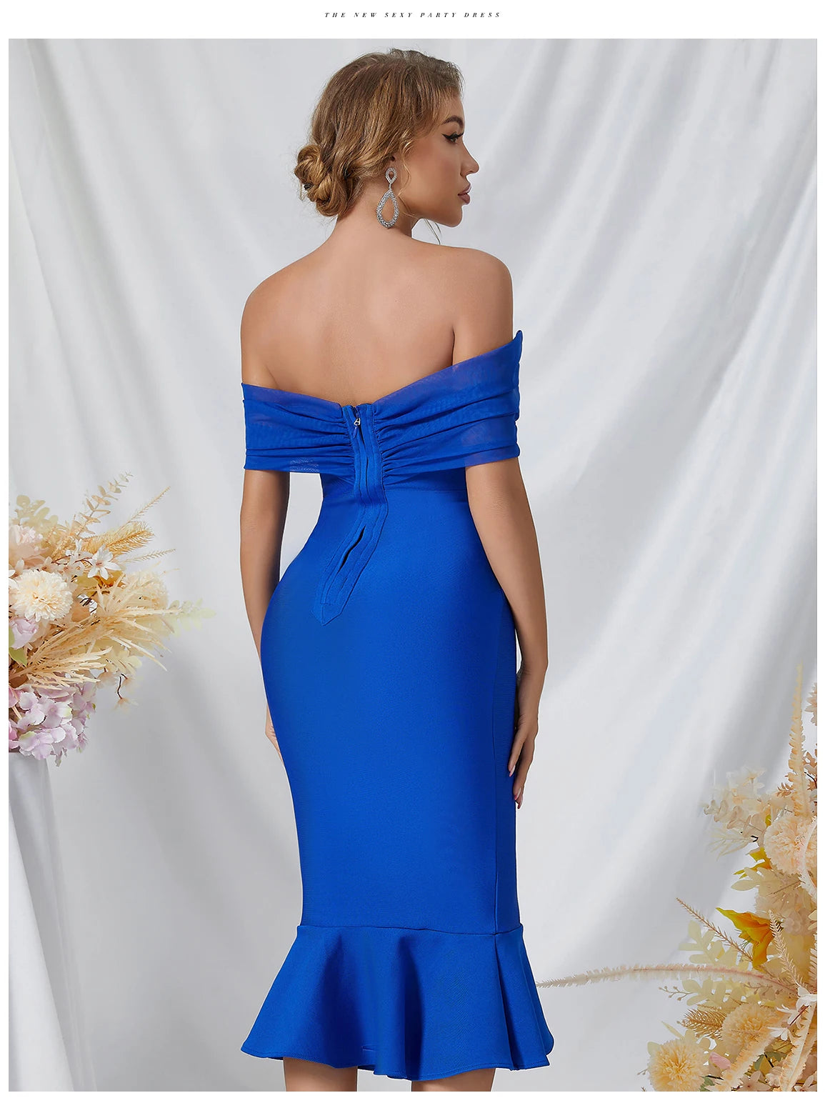 Women's Summer Mesh Midi Mermaid Bandage Off Shoulder Evening Dress